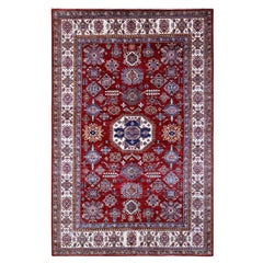 Alfombra Oriental Geométrica Super Kazak de Lana Anudada a Mano Rojo Grosella de 6'1 "x9'3
