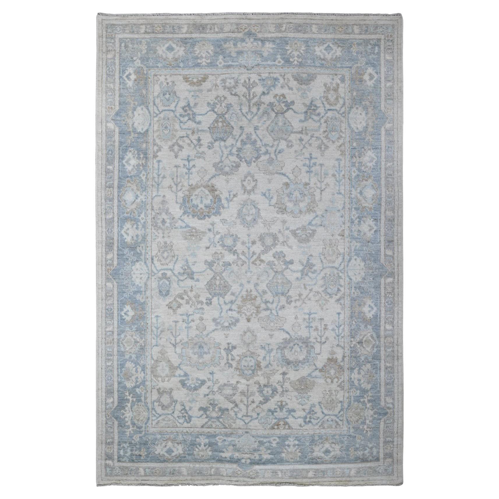 6'1"x9'4" Cadet Gray Wool Weft Hand Knotted Afghan Angora Oushak Oriental Rug