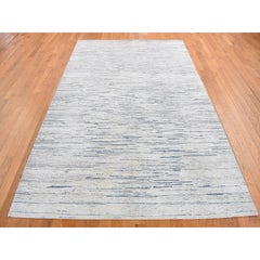 6'1"x9'4" Frost White 100% Wool Striae Design Hand Knotted Oriental Rug