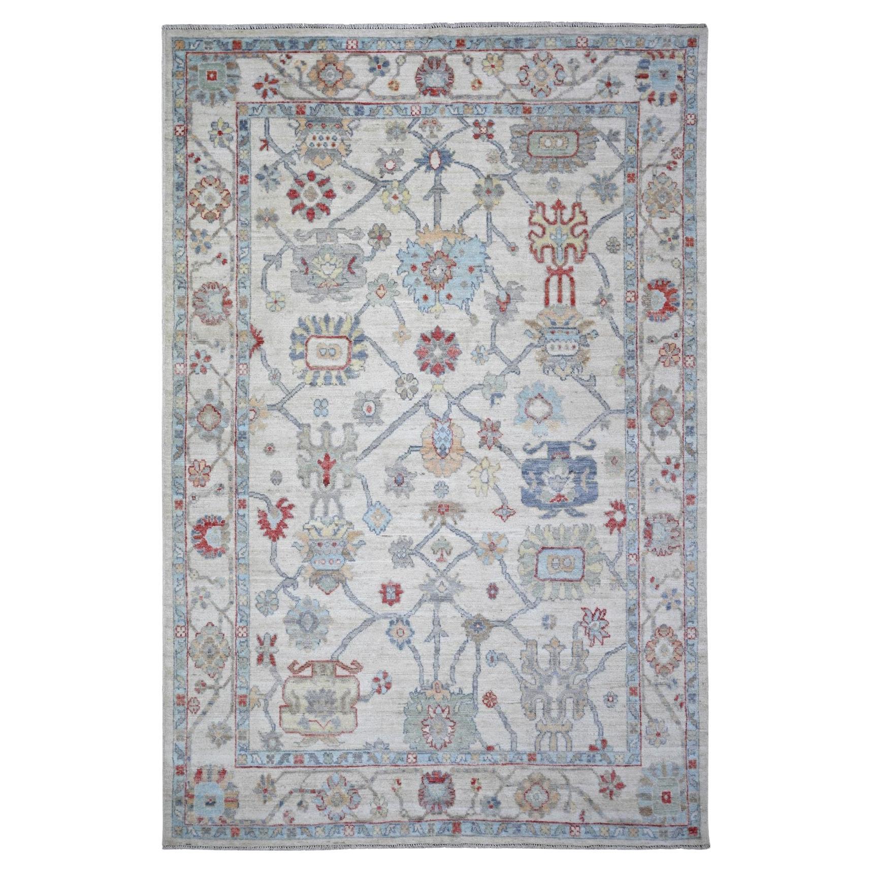 6'1"x9'4" Ivory, Hand Knotted Afghan Angora Oushak Soft Wool Oriental Rug