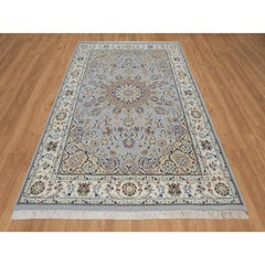 6'1"x9'4" Light Blue Nain Flower Medallion Design Wool and Silk Hand Knotted Rug