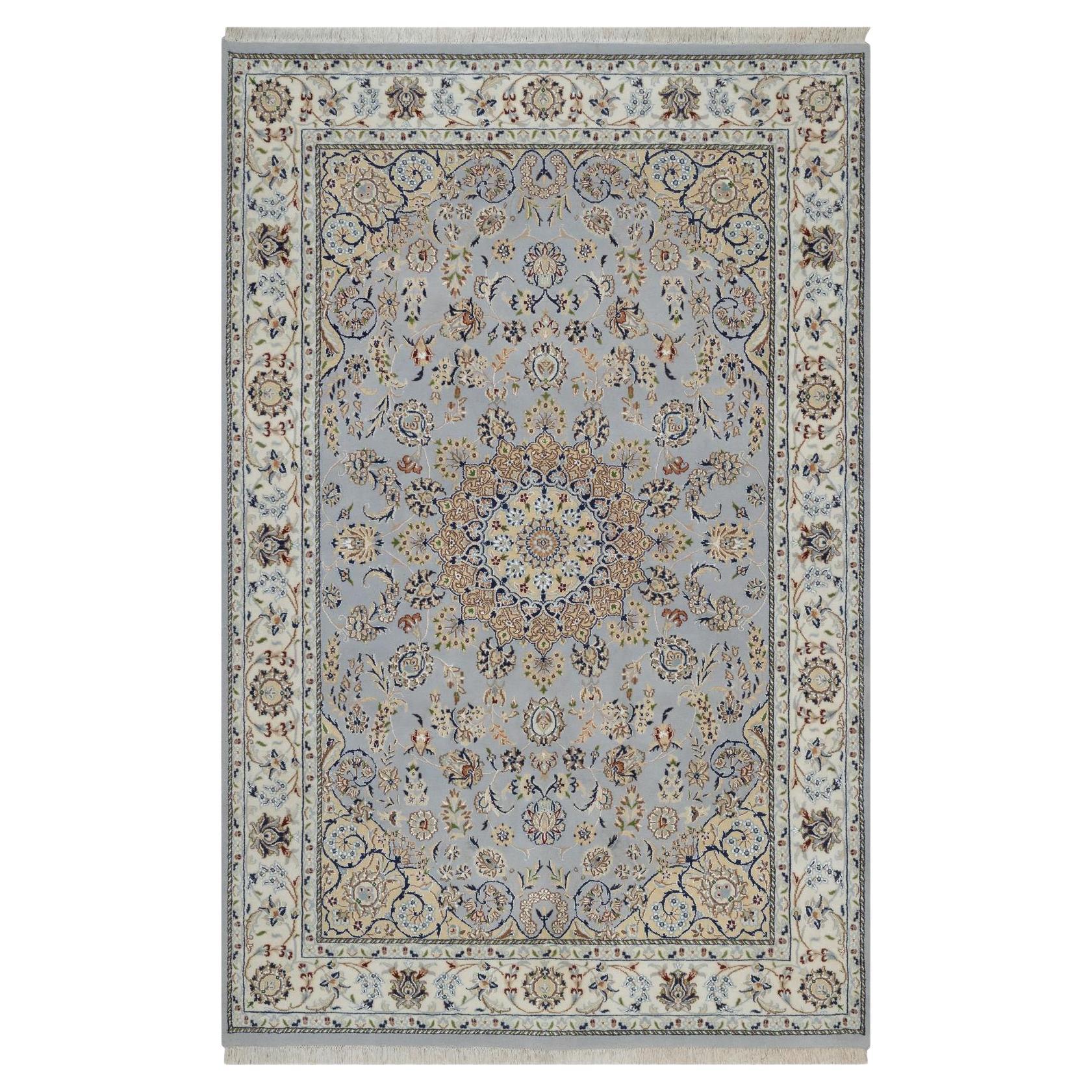 6
1 "x9
4" Hellblau Nain Blume Medaillon Design Wolle und Seide Hand geknüpft Teppich