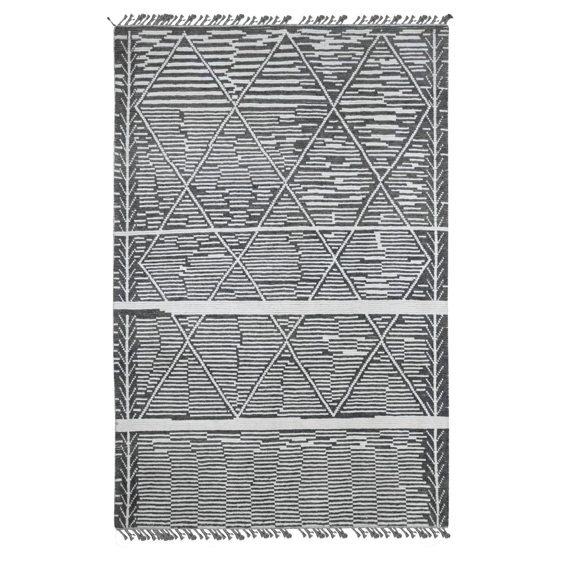 6
1"x9
4" Sonic Gray Moroccan Weave with Intricate Motif Hand Knotted Wool Rug For Sale