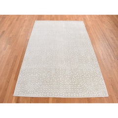 6'1"x9'4" Vanilla White, Hand Knotted, Tone on Tone, Pure Silk with Wool Rug