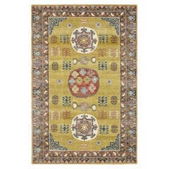 6'1 "x9'4" Giallo Khotan Influence Shaved Low Distressed Tappeto in lana annodato a mano