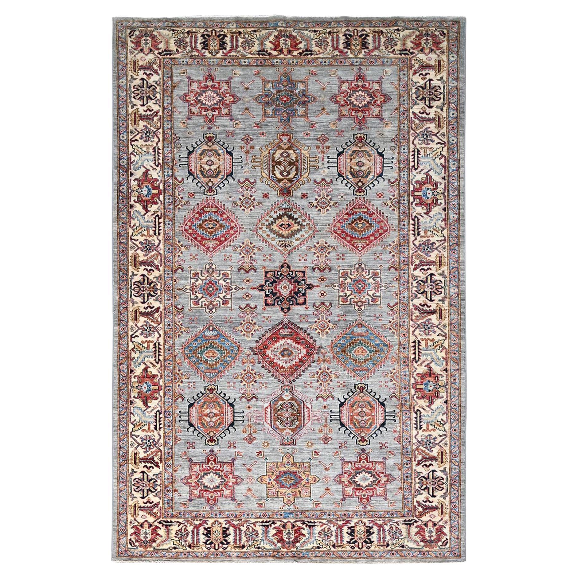 6'1"x9'6" Metallic Grauer handgeknüpfter orientalischer Teppich aus weicher Wolle Afghan Super Kazak