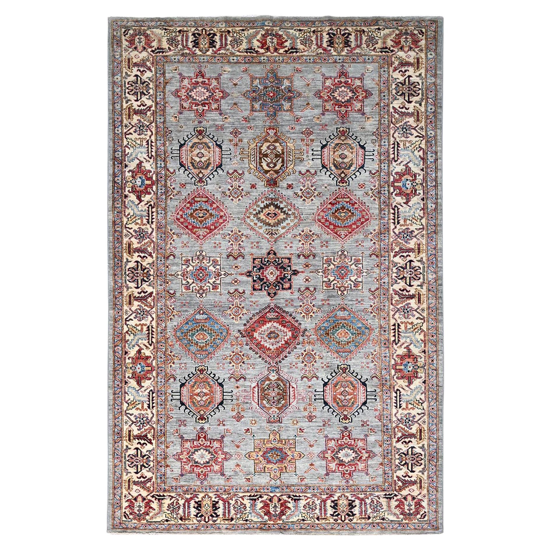 6
1 "x9
6" Metallic Gray Soft Wool Afghan Super Kazak Hand Knotted Oriental Rugs in vendita