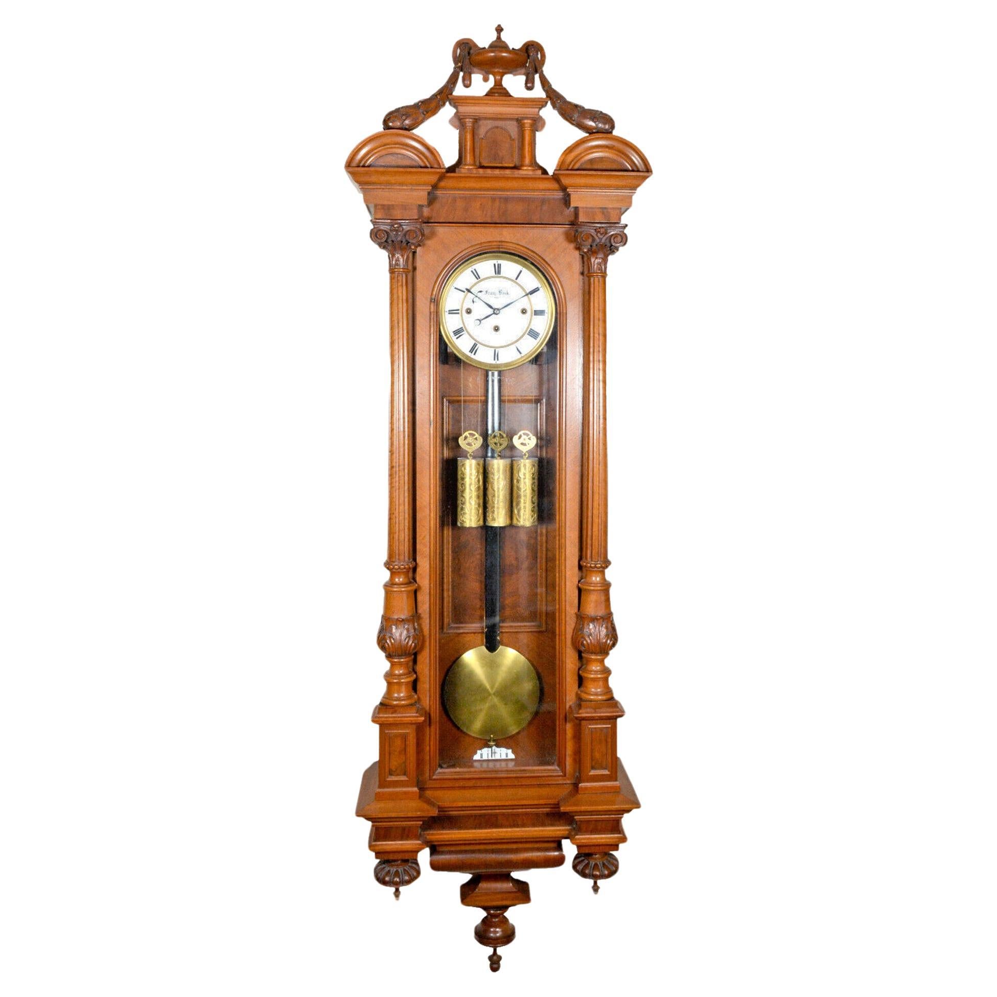 62" Antique 1890 Austrian 3 Weight Highly Carved Vienna Regulator Wall Clock For Sale