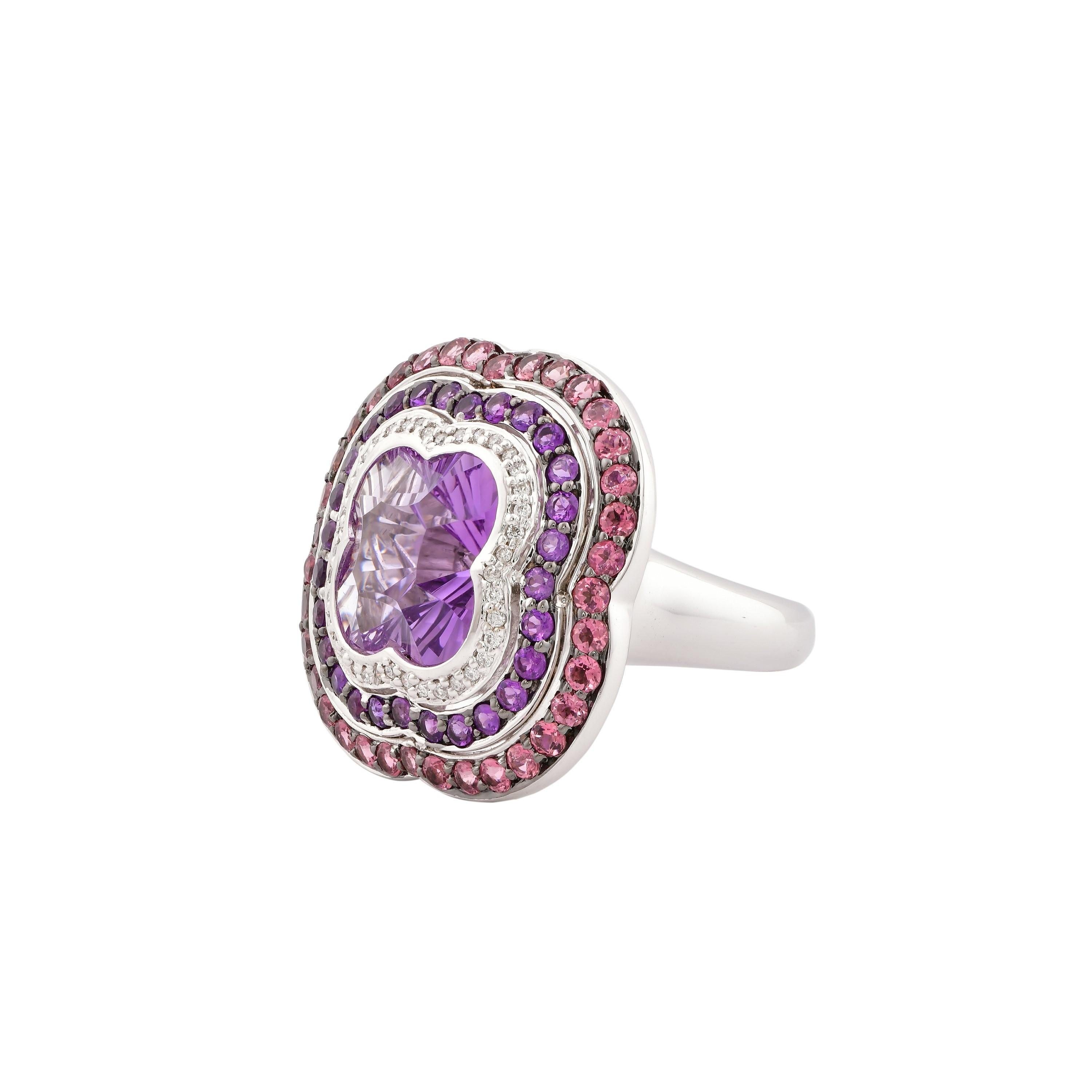 Contemporary 6.2 Carat Amethyst, Pink Tourmaline and Diamond Ring in 14 Karat White Gold For Sale