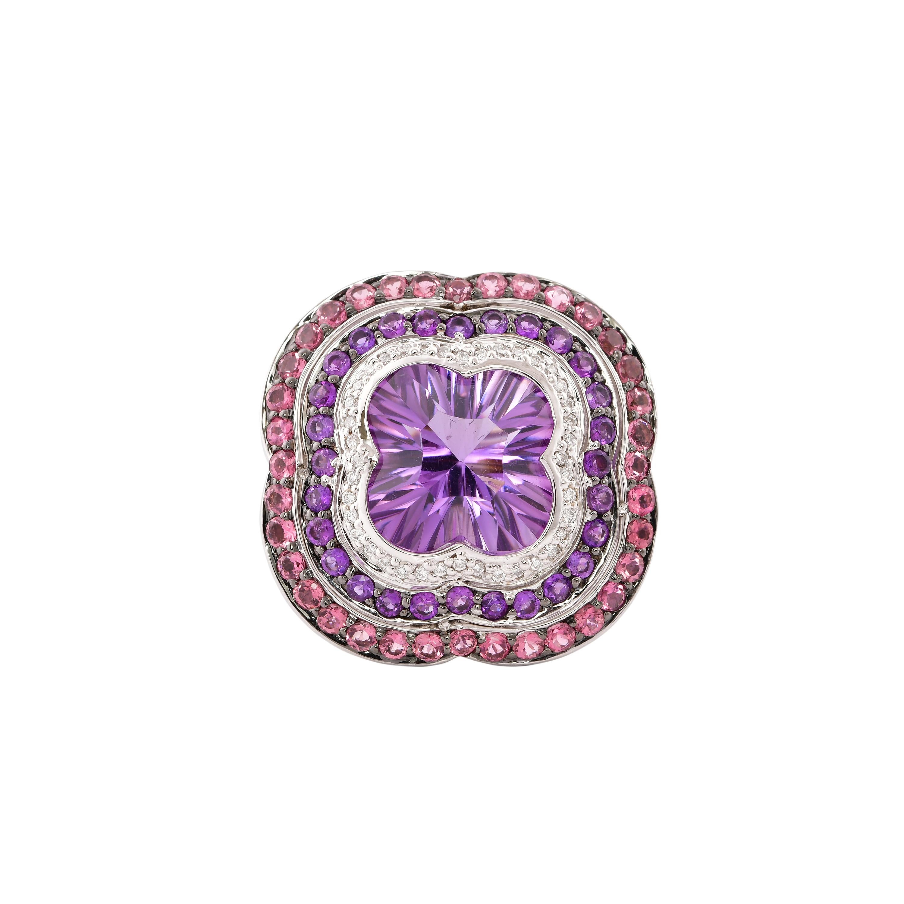 Mixed Cut 6.2 Carat Amethyst, Pink Tourmaline and Diamond Ring in 14 Karat White Gold For Sale