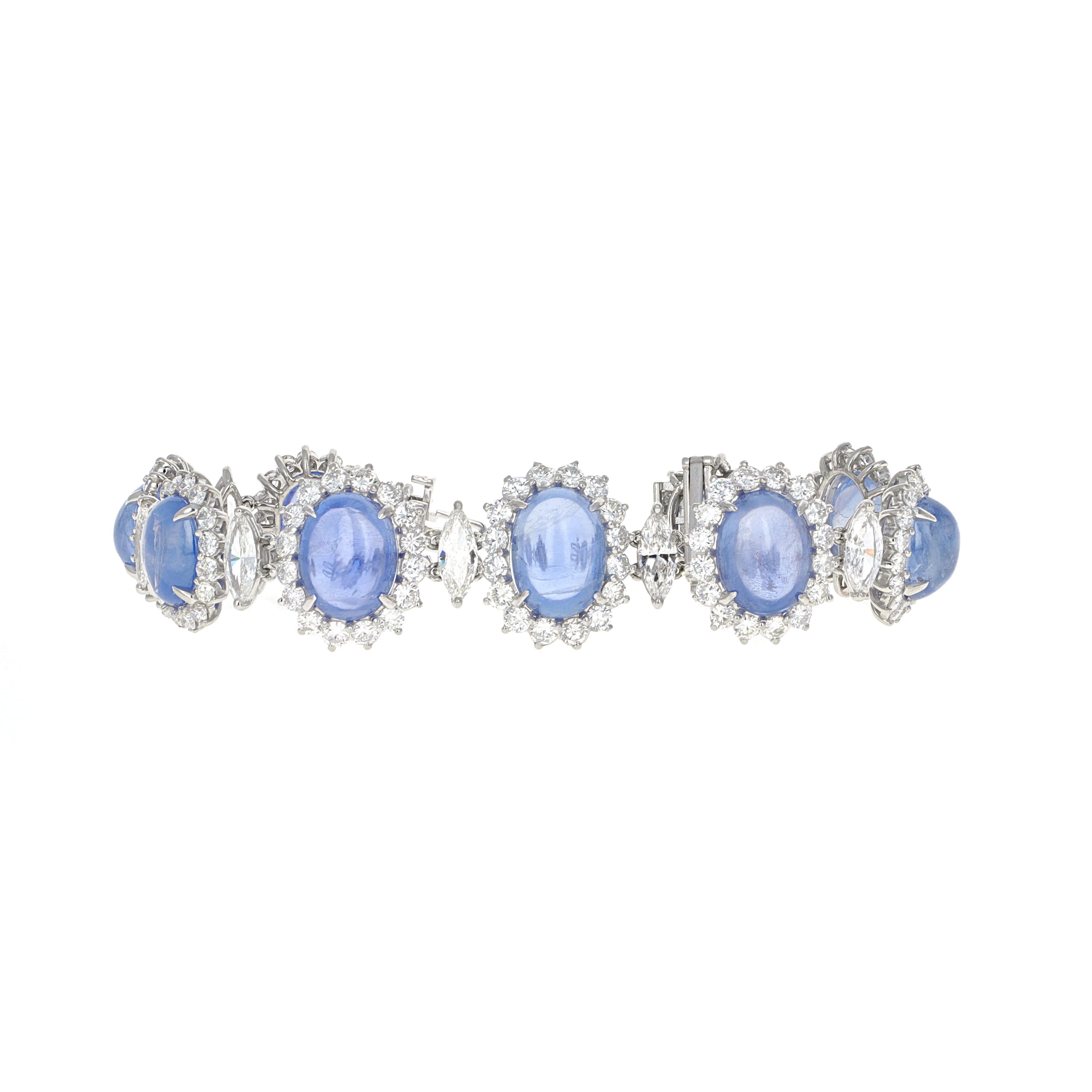 Oval Cut 62 Carat, Blue Sapphire Cabochon and Diamond Retro Bracelet