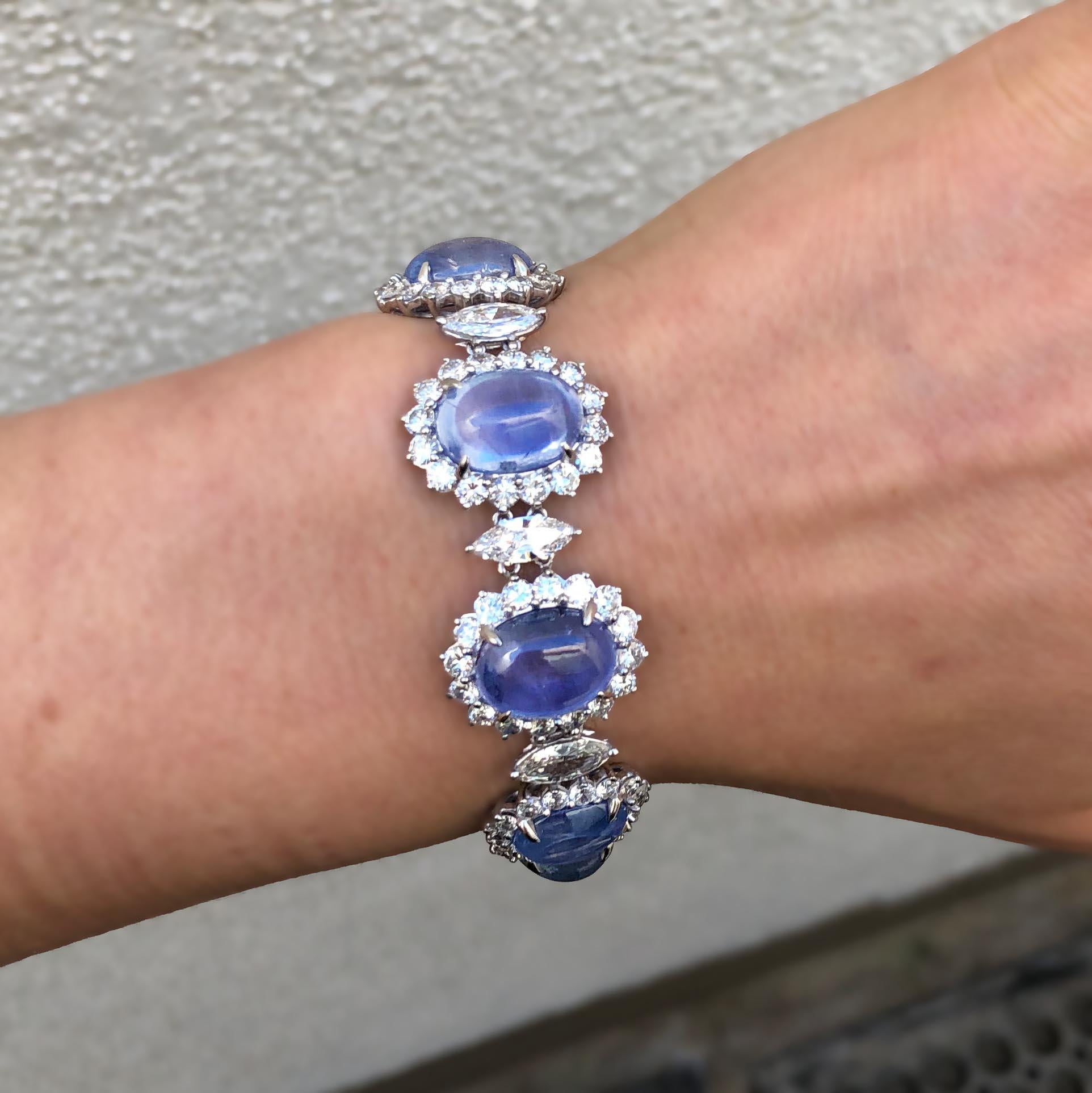 62 Carat, Blue Sapphire Cabochon and Diamond Retro Bracelet In Excellent Condition In Beverly Hills, CA