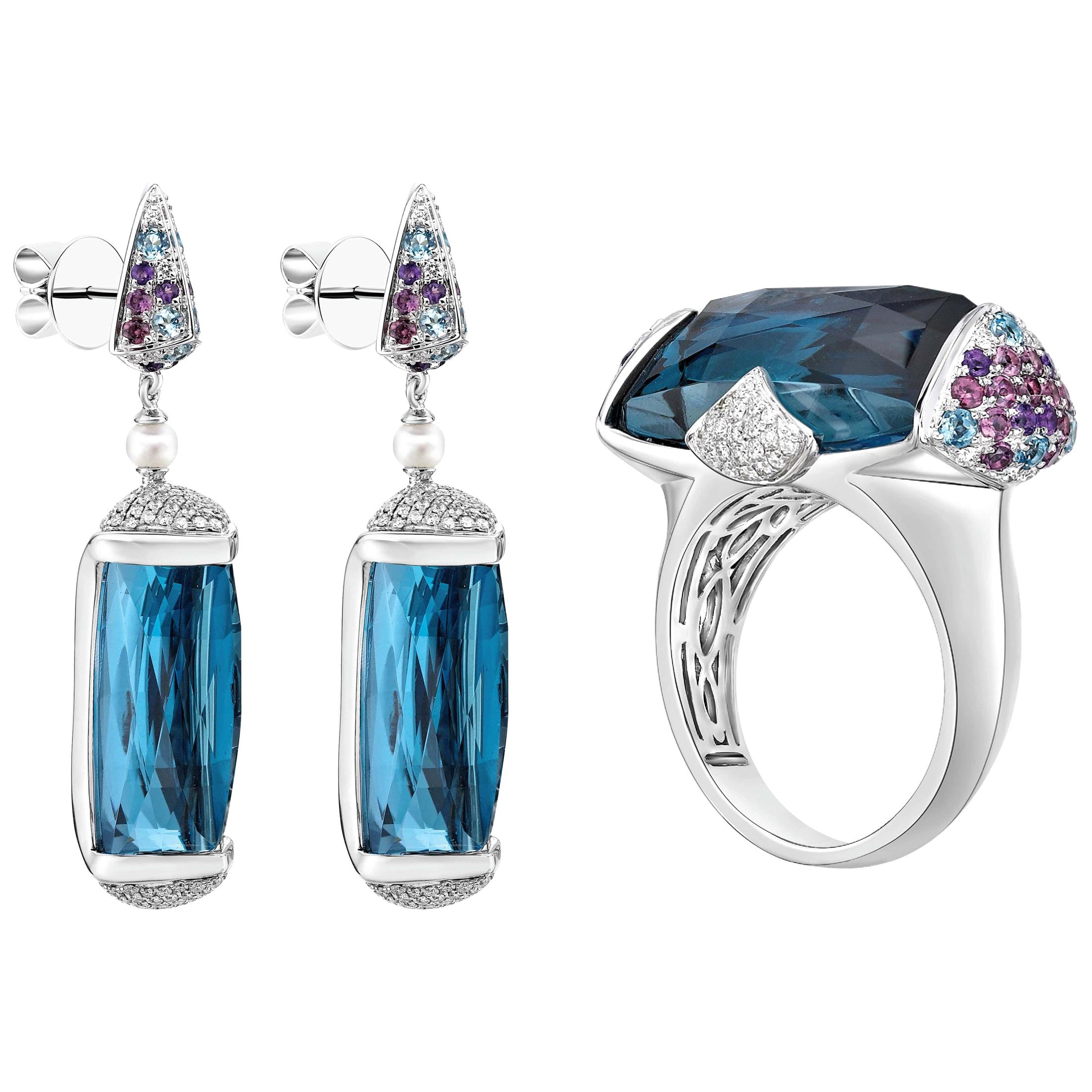 62 Carat Blue Topaz Ring and Earring Set in 18 Karat White Gold with Diamonds For Sale