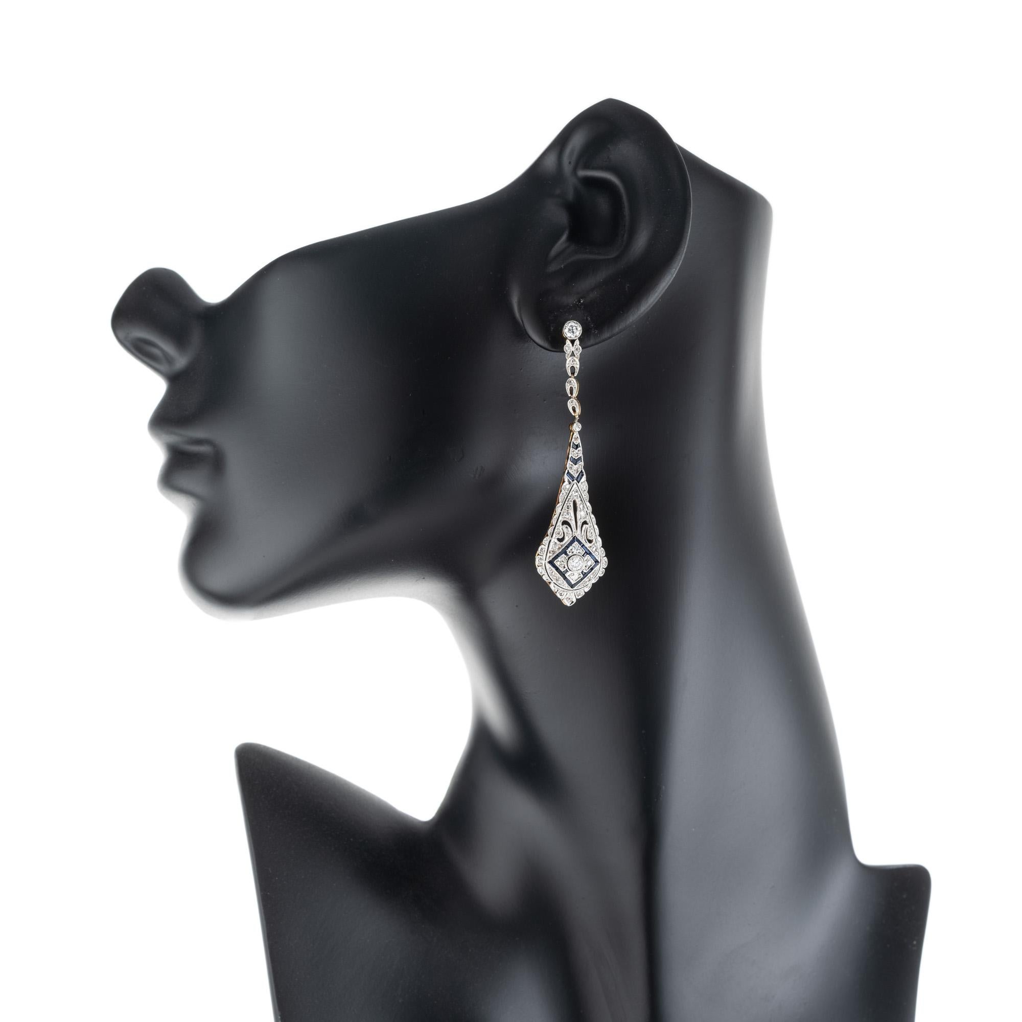 Women's .62 Carat Diamond Sapphire Platinum Yellow Gold Dangle Drop Earrings  For Sale