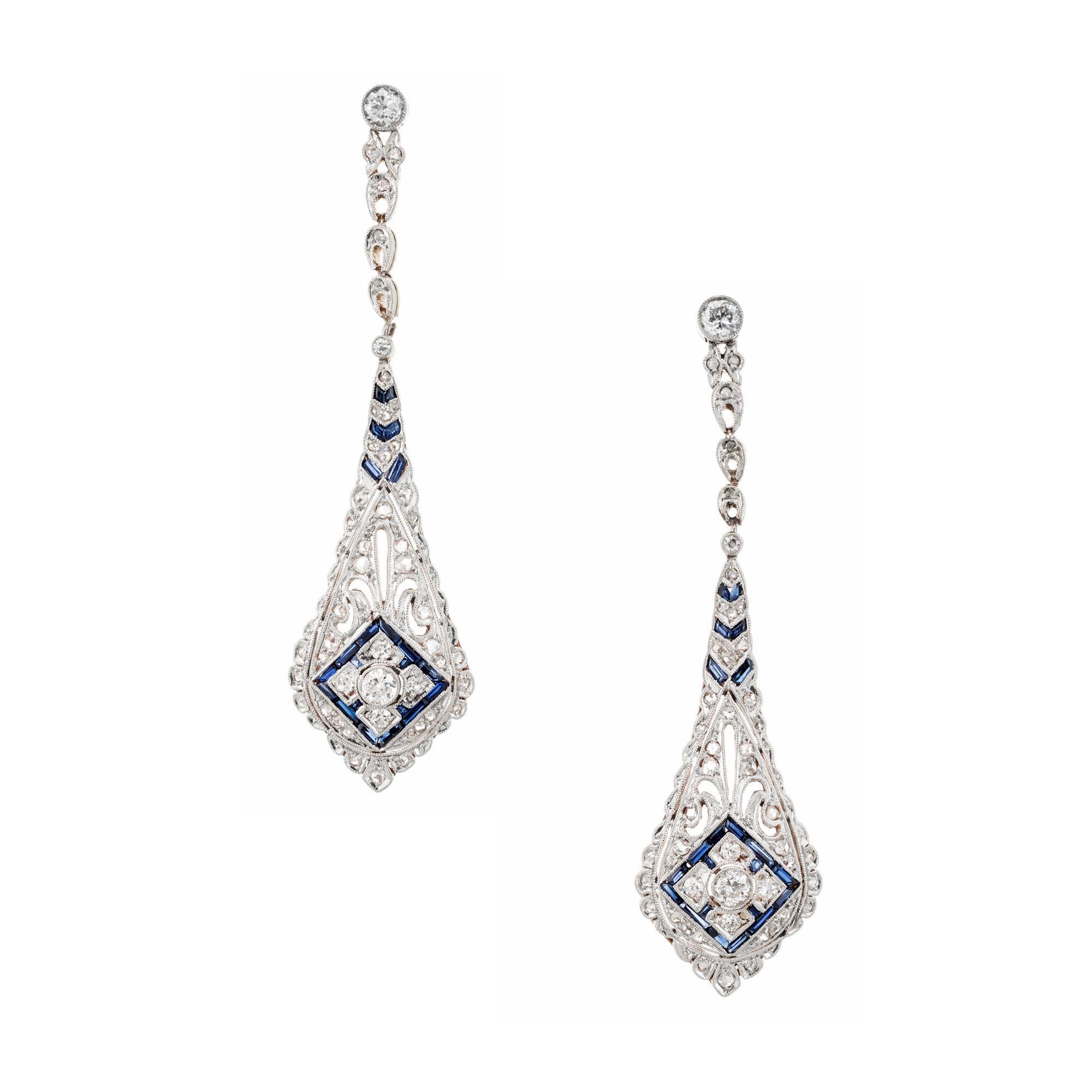 .62 Carat Diamond Sapphire Platinum Yellow Gold Dangle Drop Earrings  For Sale