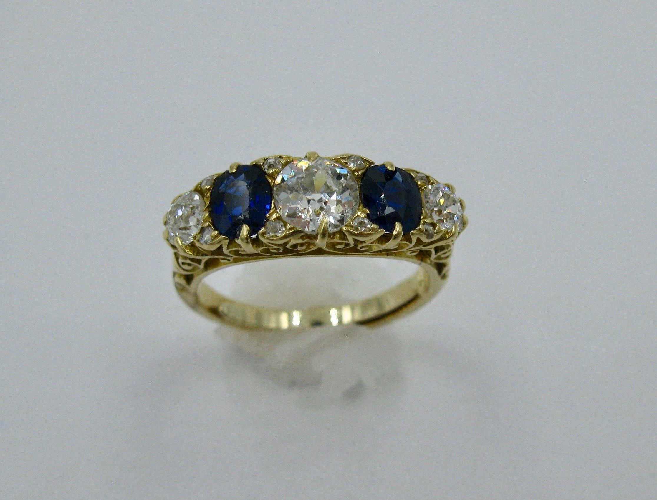 Old European Cut .62 Carat Diamond Sapphire Victorian Wedding Engagement Ring Five-Stone 18 Karat For Sale