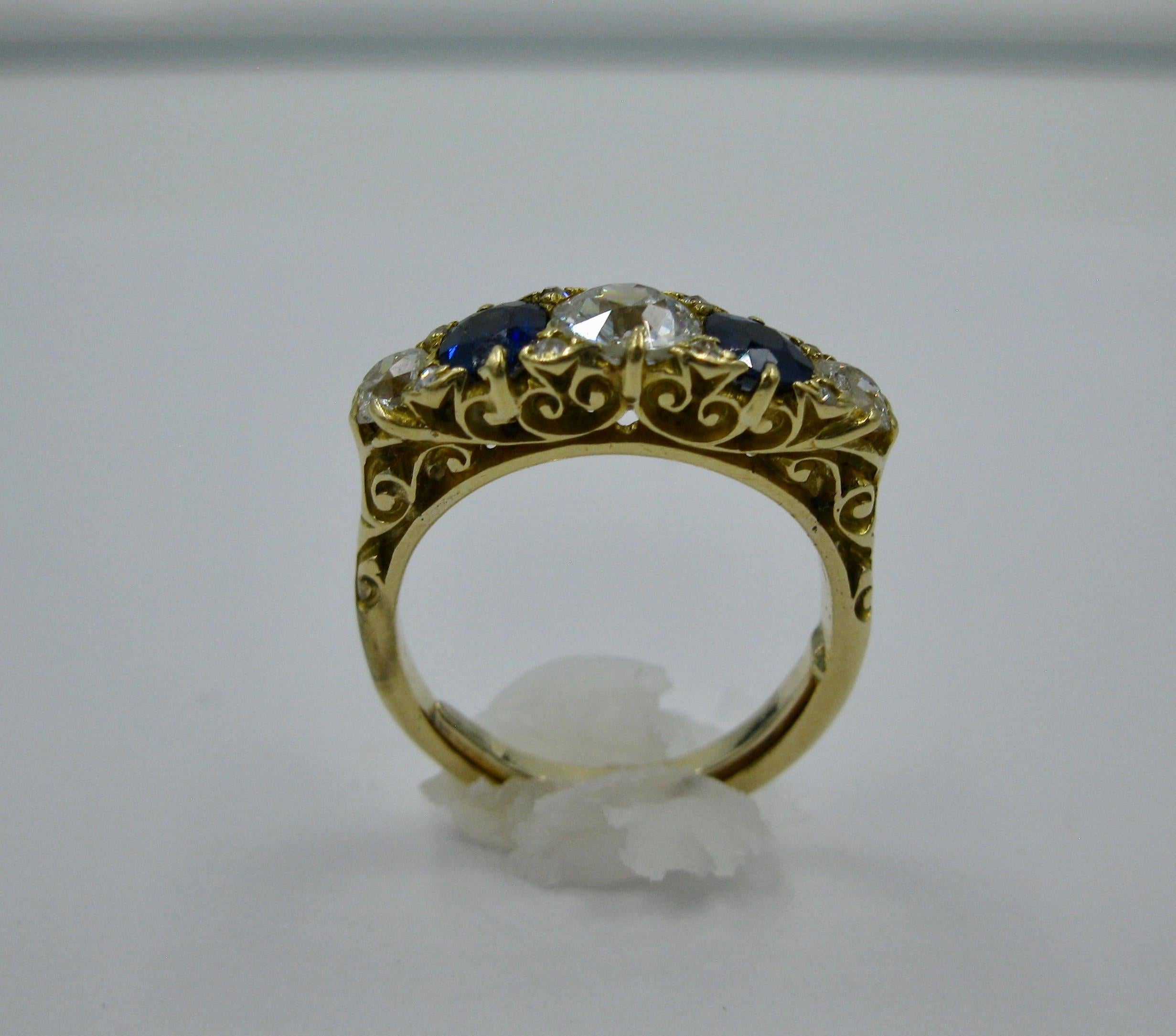 Women's .62 Carat Diamond Sapphire Victorian Wedding Engagement Ring Five-Stone 18 Karat For Sale