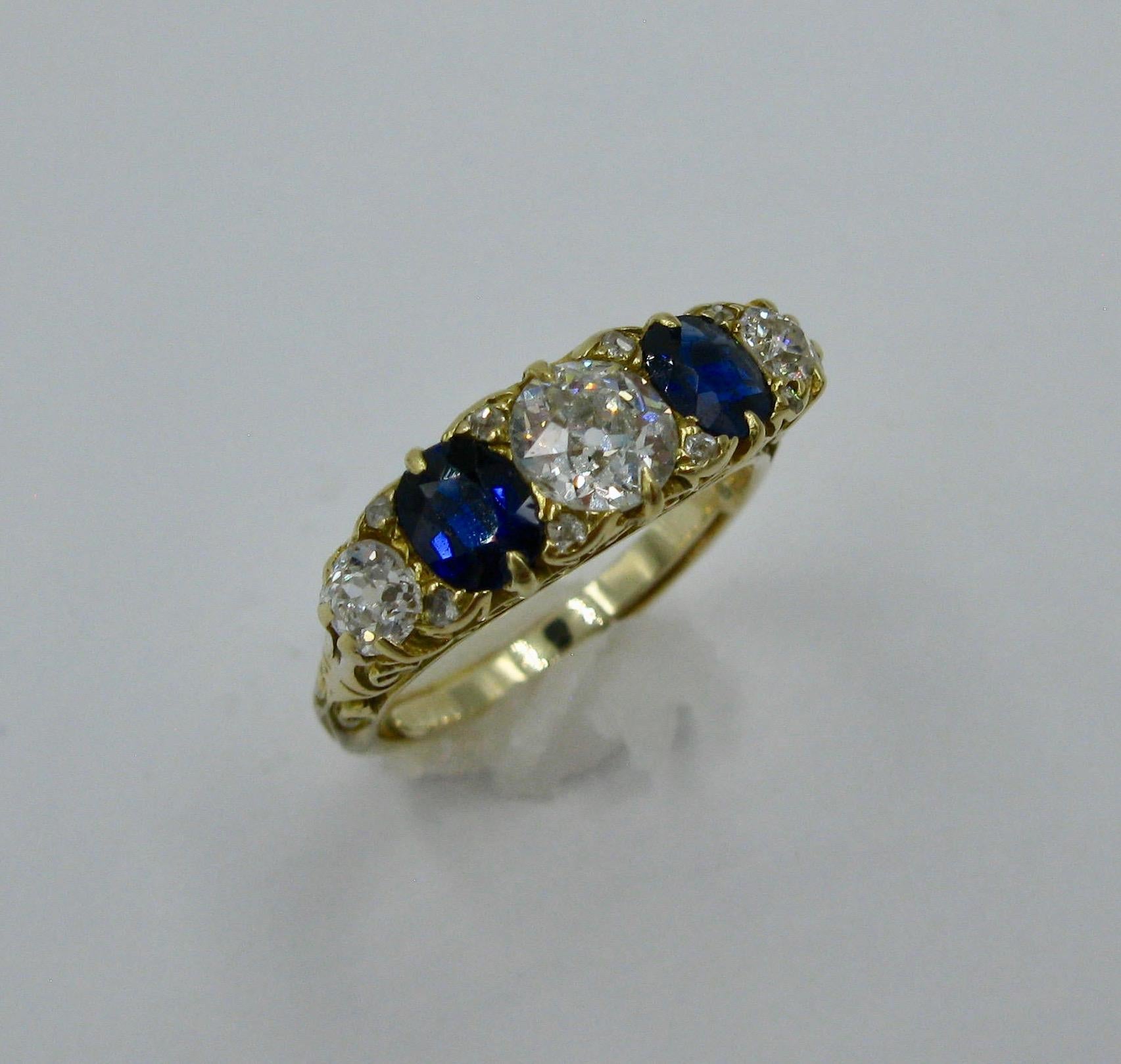 .62 Carat Diamond Sapphire Victorian Wedding Engagement Ring Five-Stone 18 Karat For Sale 1
