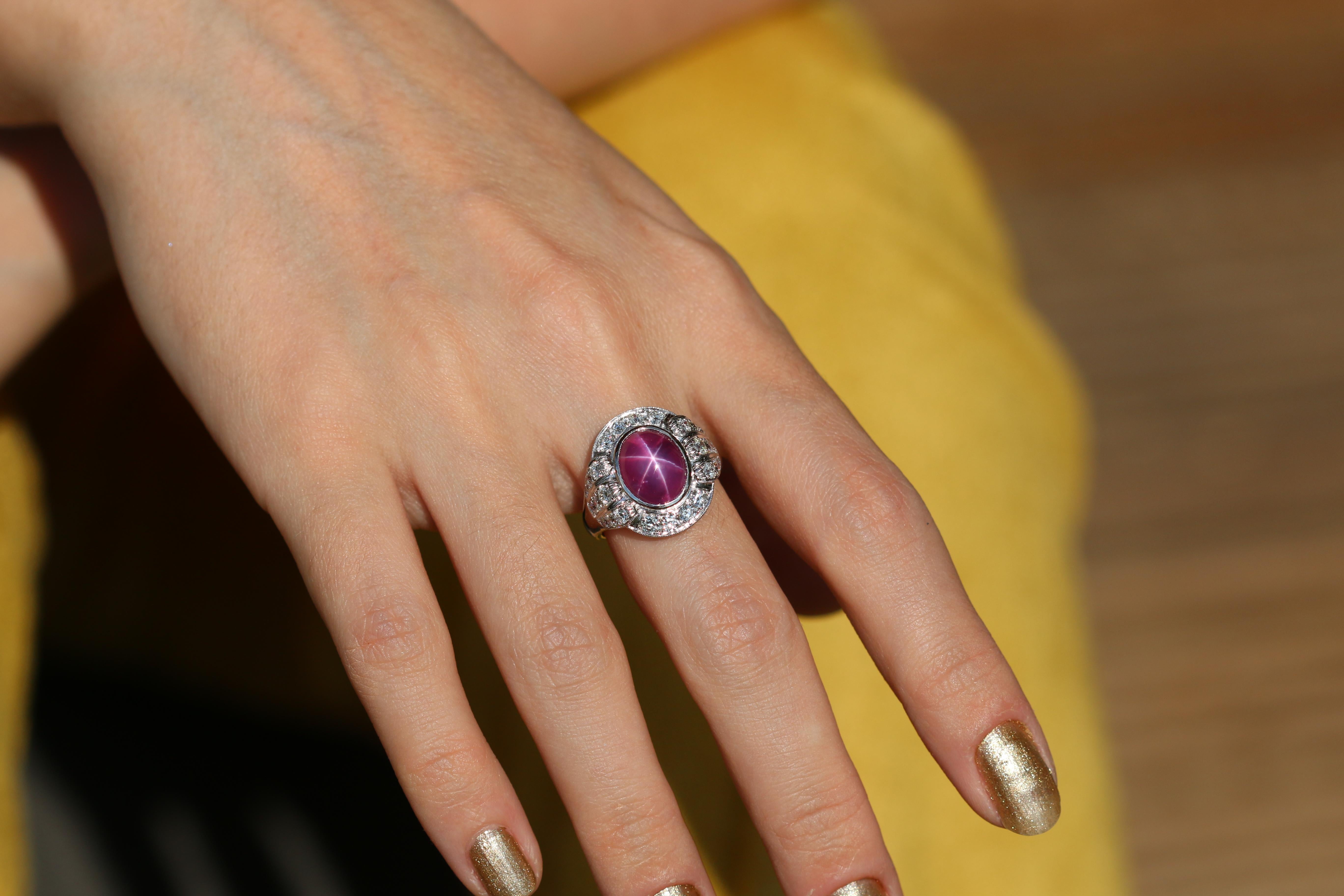 6.2 Carat Edwardian Style Star Ruby and Diamond 18 Karat White Gold Ring In New Condition For Sale In Banbury, GB