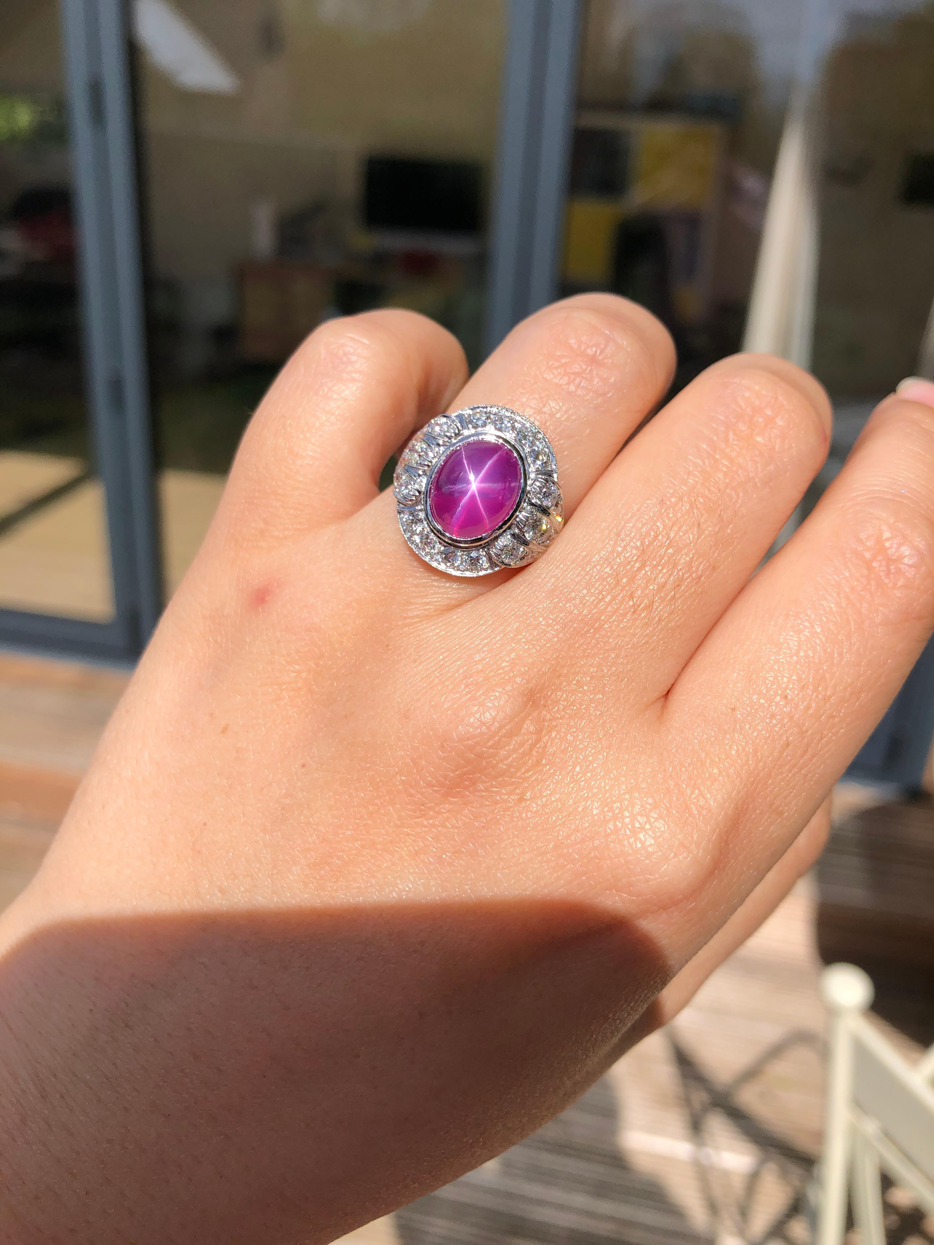 Old European Cut 6.2 Carat Edwardian Style Star Ruby and Diamond 18 Karat White Gold Ring For Sale
