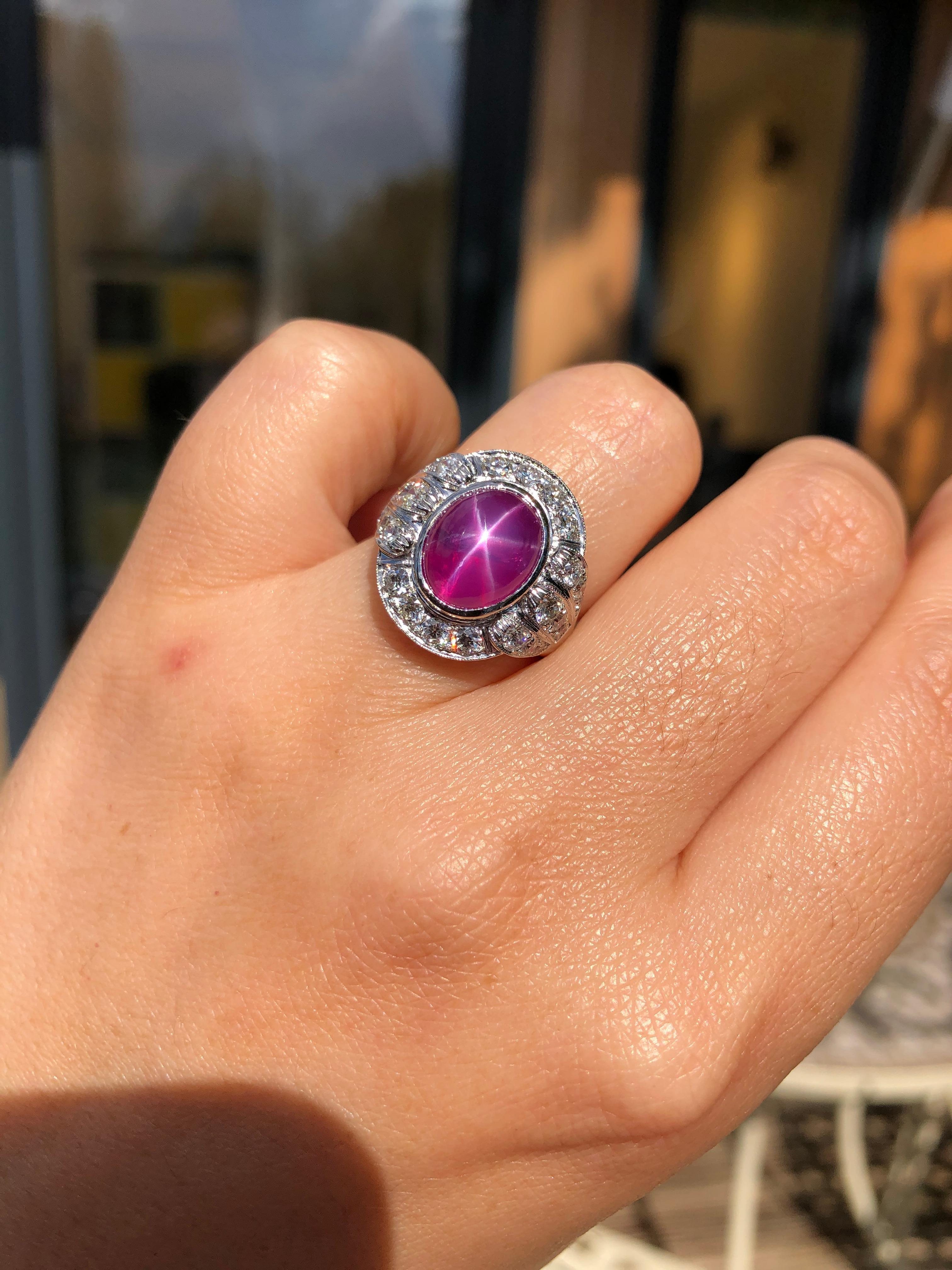 6.2 Carat Edwardian Style Star Ruby and Diamond 18 Karat White Gold Ring For Sale 2