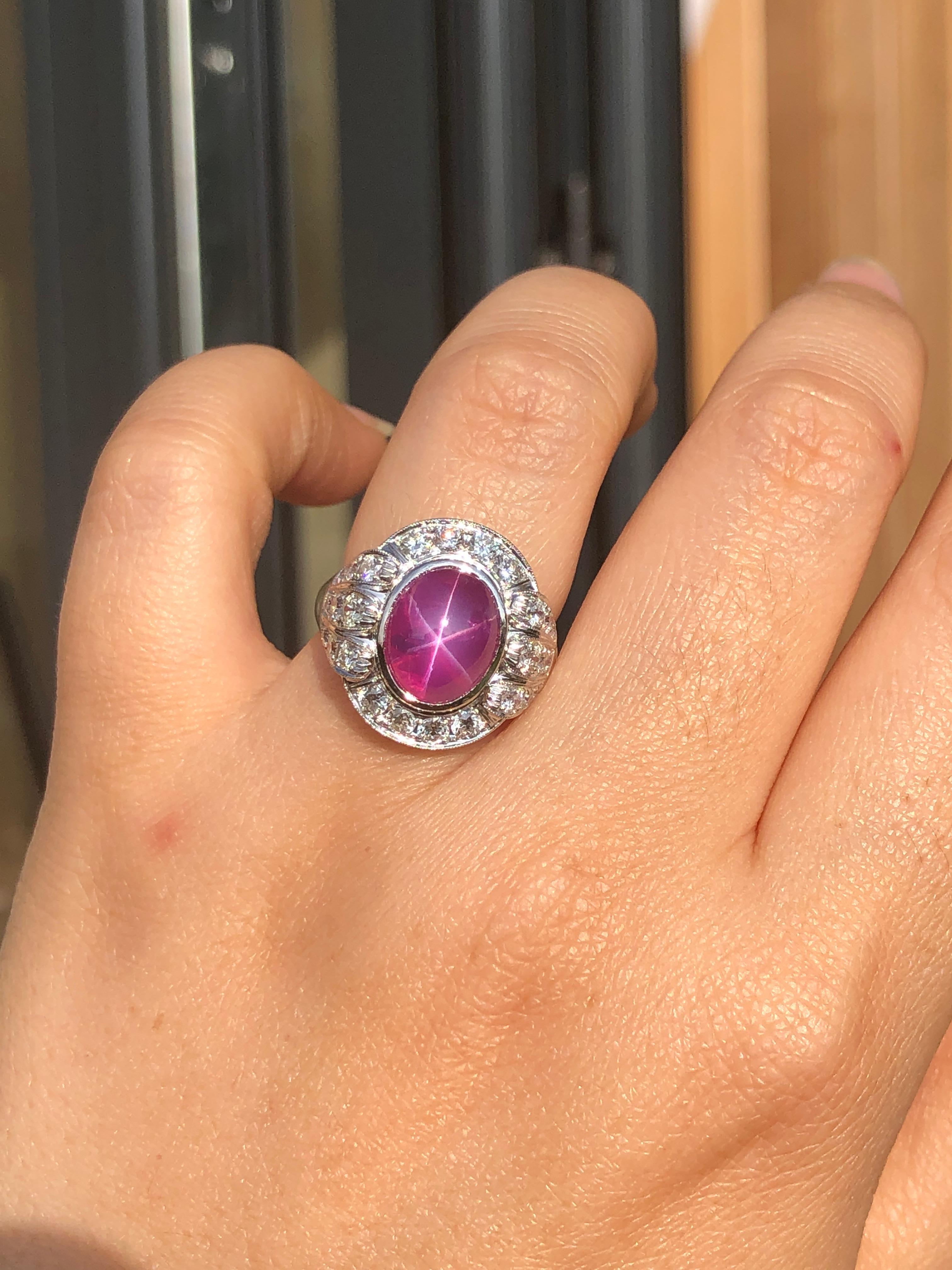 6.2 Carat Edwardian Style Star Ruby and Diamond 18 Karat White Gold Ring For Sale 4