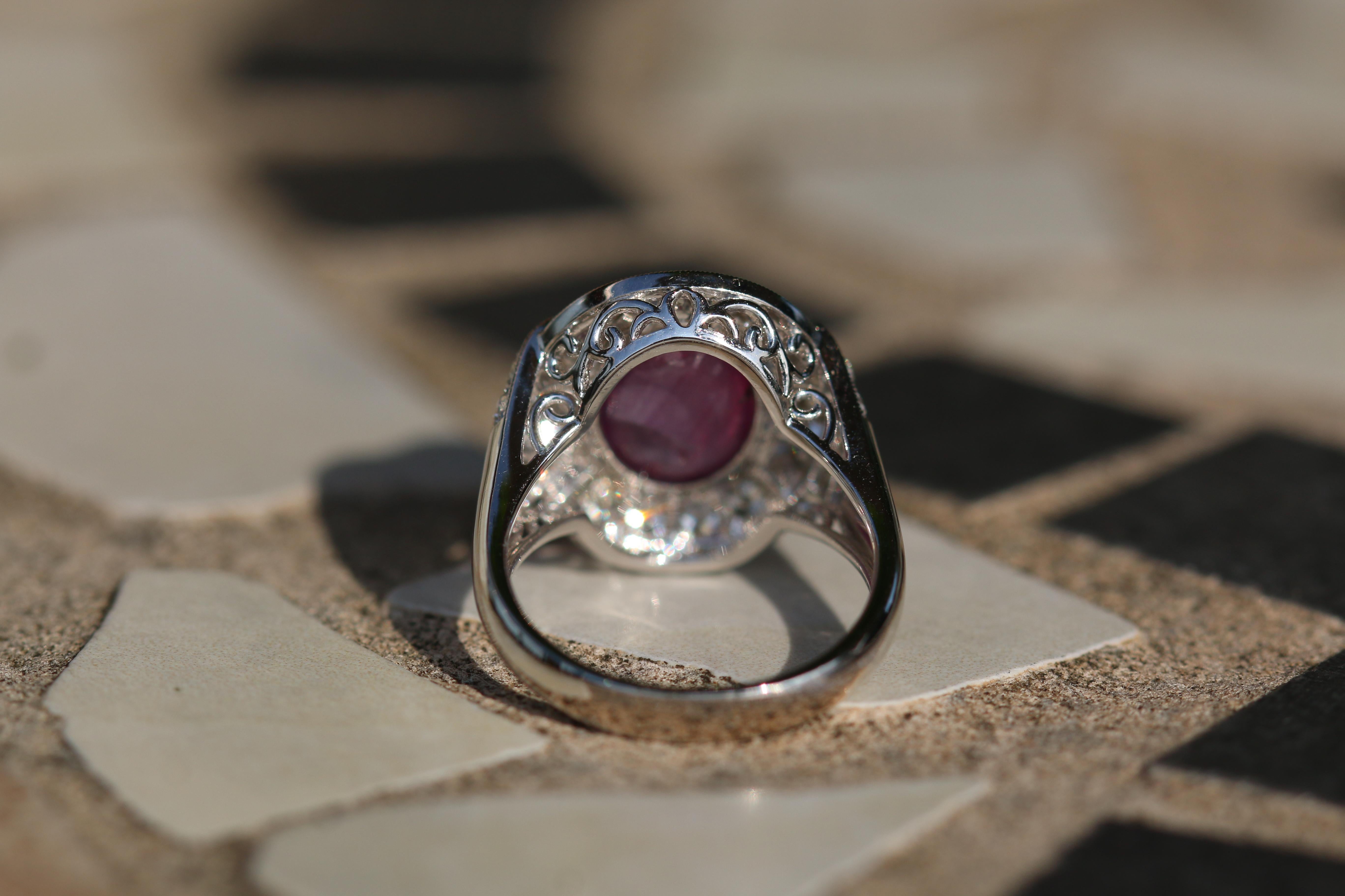 6.2 Carat Edwardian Style Star Ruby and Diamond 18 Karat White Gold Ring For Sale 5