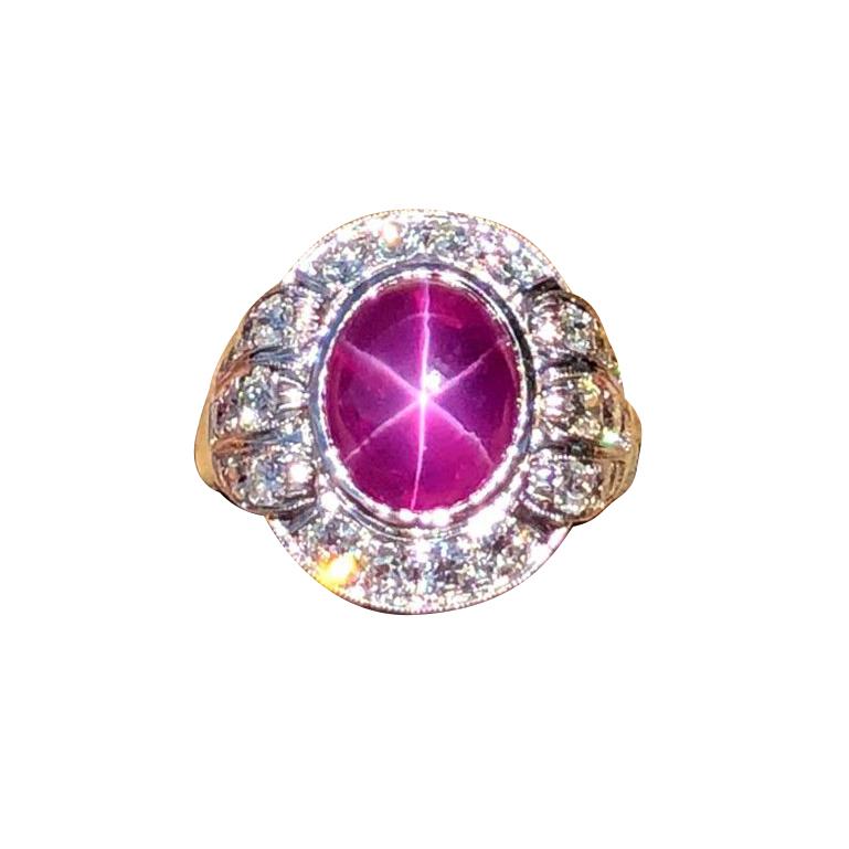 6.2 Carat Edwardian Style Star Ruby and Diamond 18 Karat White Gold Ring For Sale