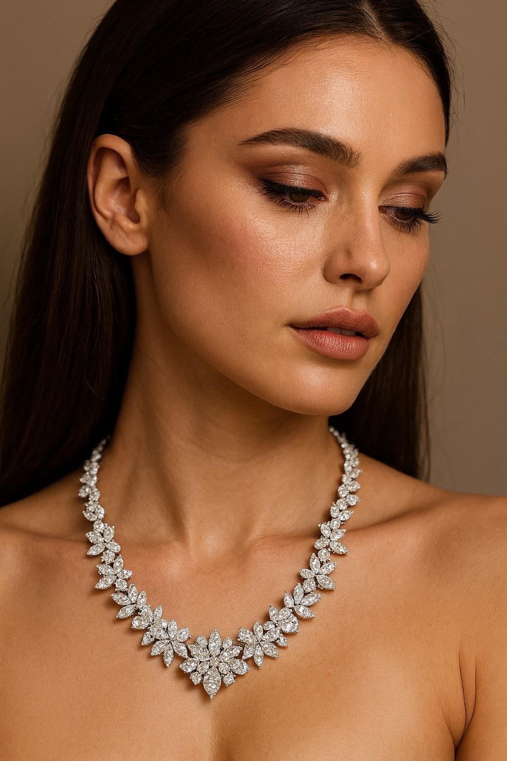 Round Cut 62 Carat Marquise & Round Diamond Graduated Tennis Necklace For Sale
