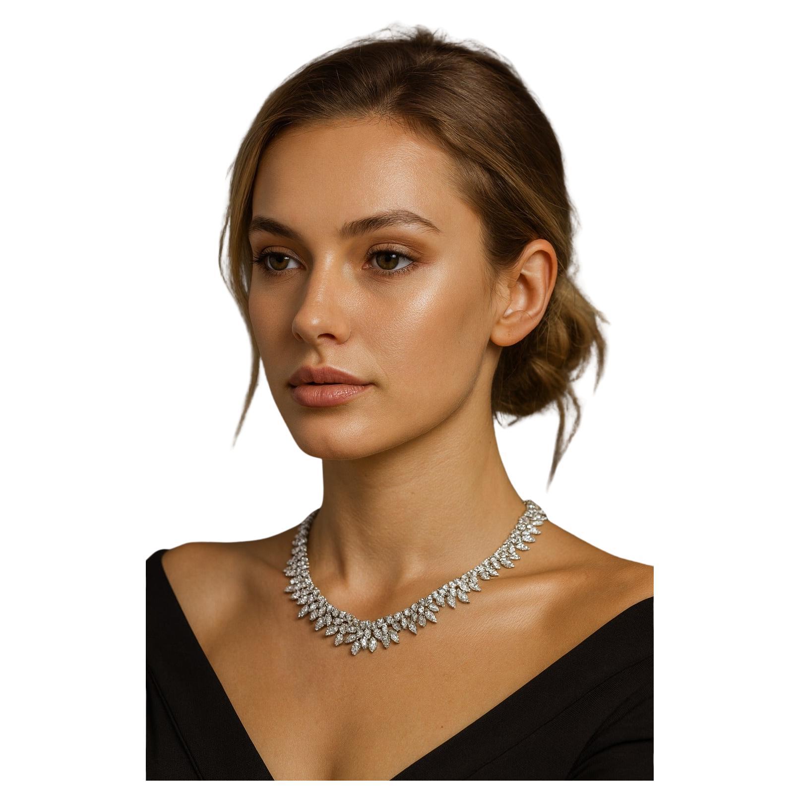 Marquise Cut 62 Carat Marquise, Round & Princess Cut Diamond Graduated Tennis Necklace For Sale