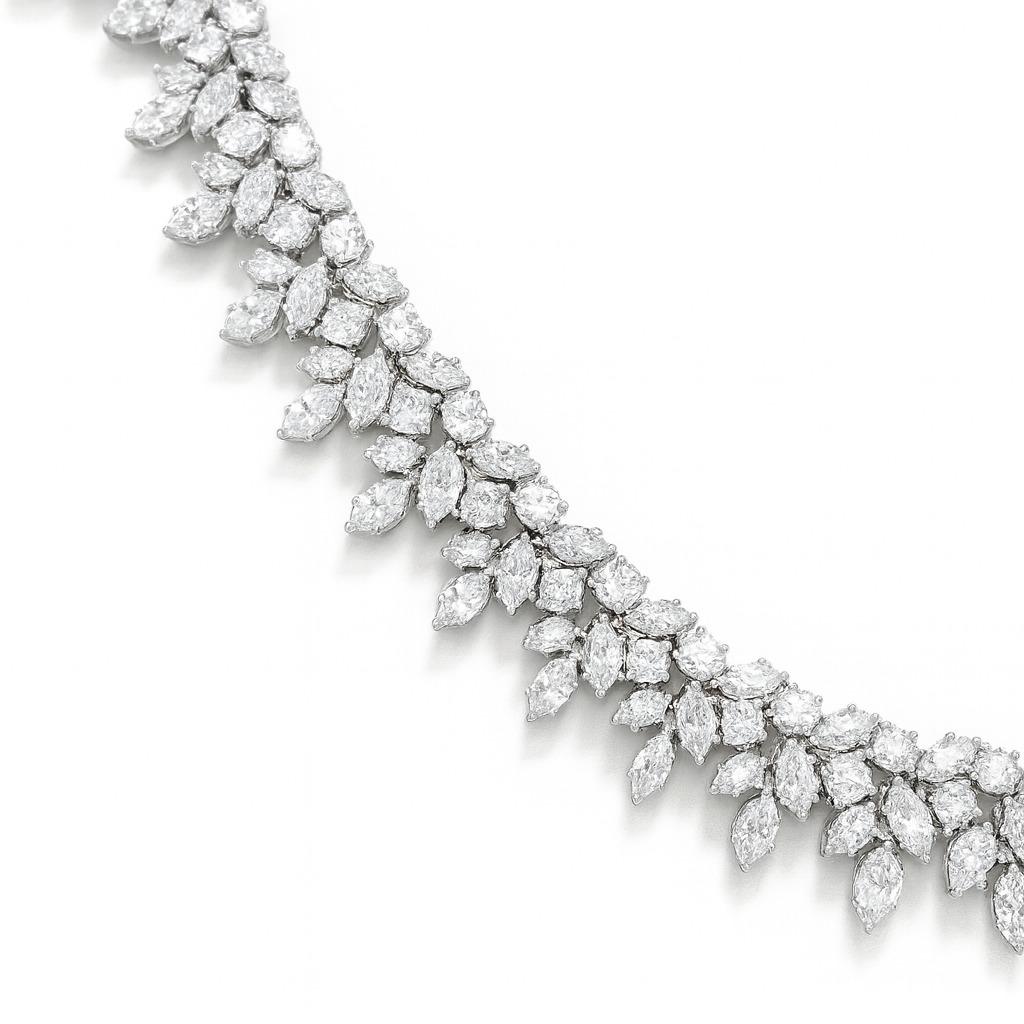 62 Carat Marquise, Round & Princess Cut Diamond Graduated Tennis Necklace In Excellent Condition For Sale In Chicago, IL