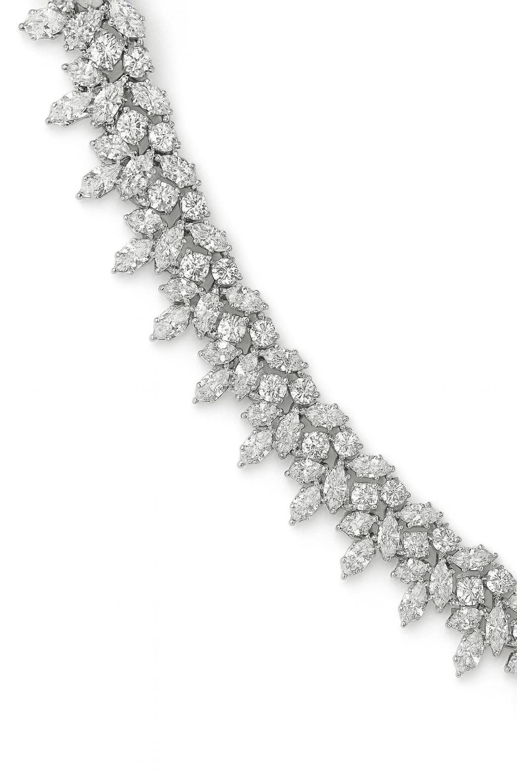Women's or Men's 62 Carat Marquise, Round & Princess Cut Diamond Graduated Tennis Necklace For Sale