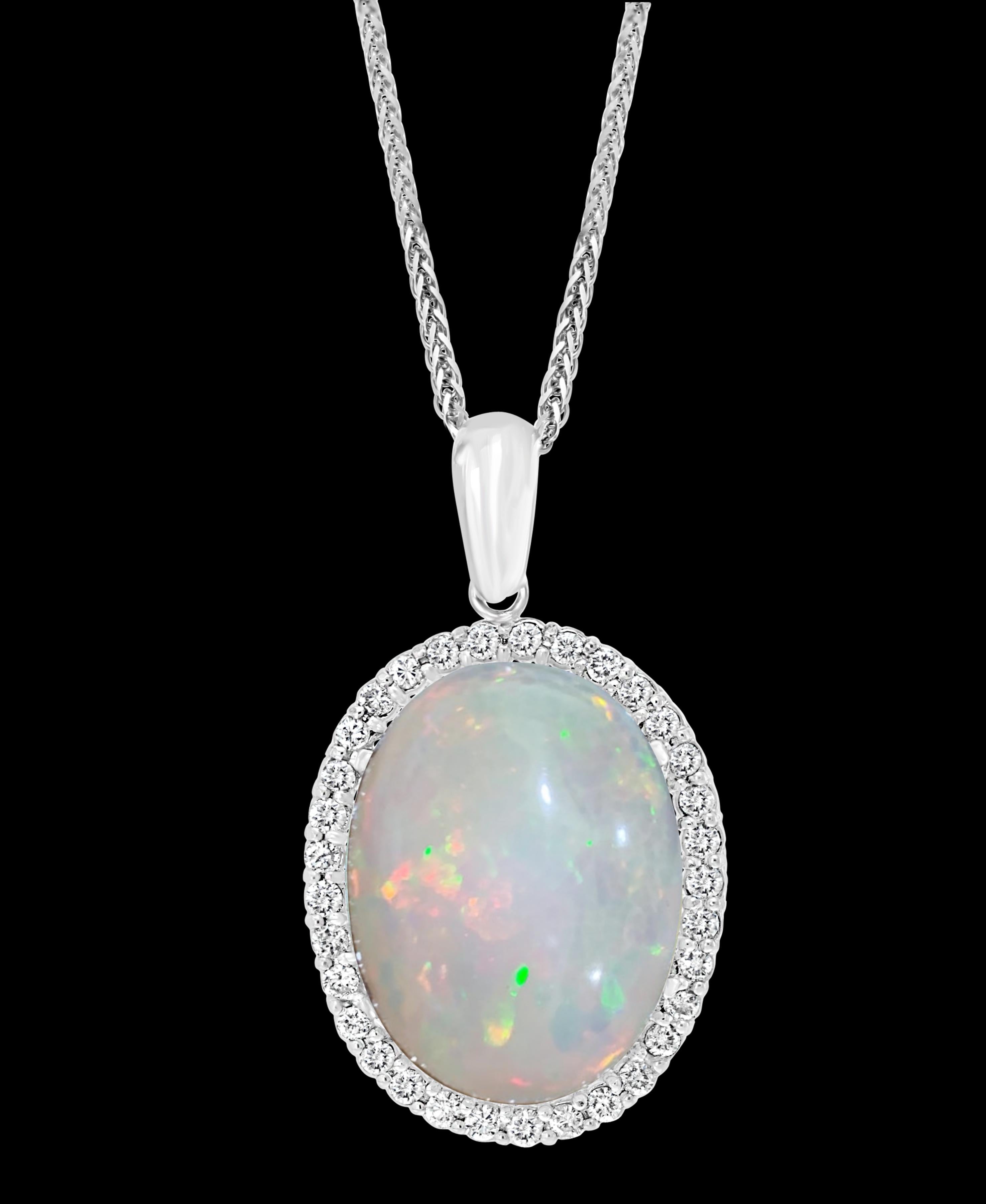 Oval Cut 62 Carat Oval Ethiopian Opal and 3 Carat Diamond Pendant/Necklace 14K White Gold