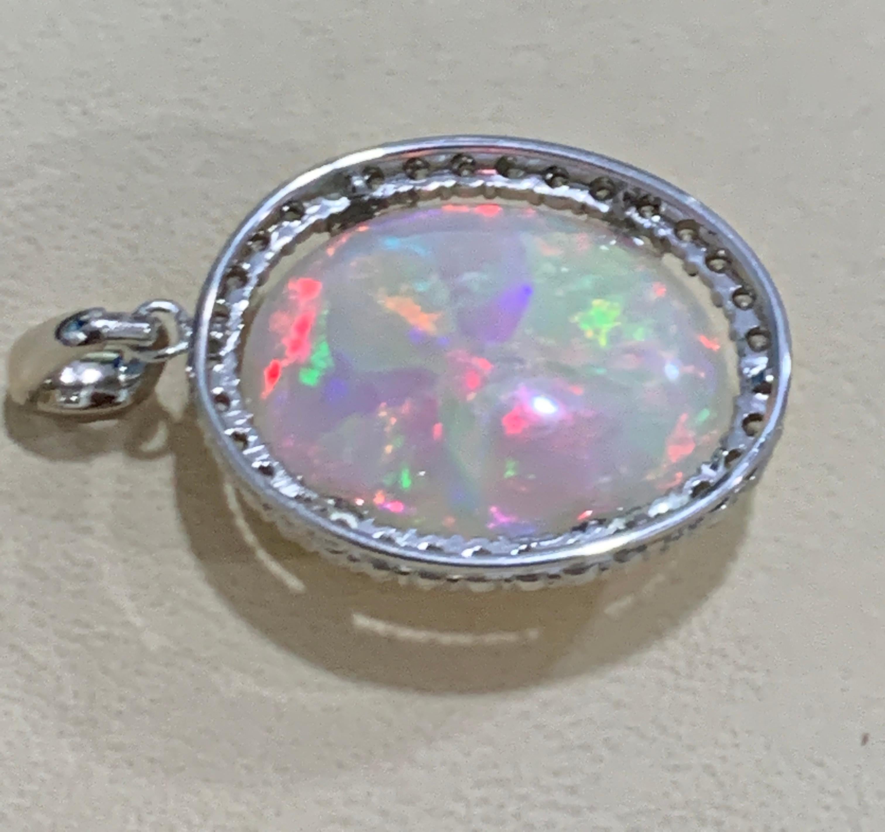 62 Carat Oval Ethiopian Opal and 3 Carat Diamond Pendant/Necklace 14K White Gold 2