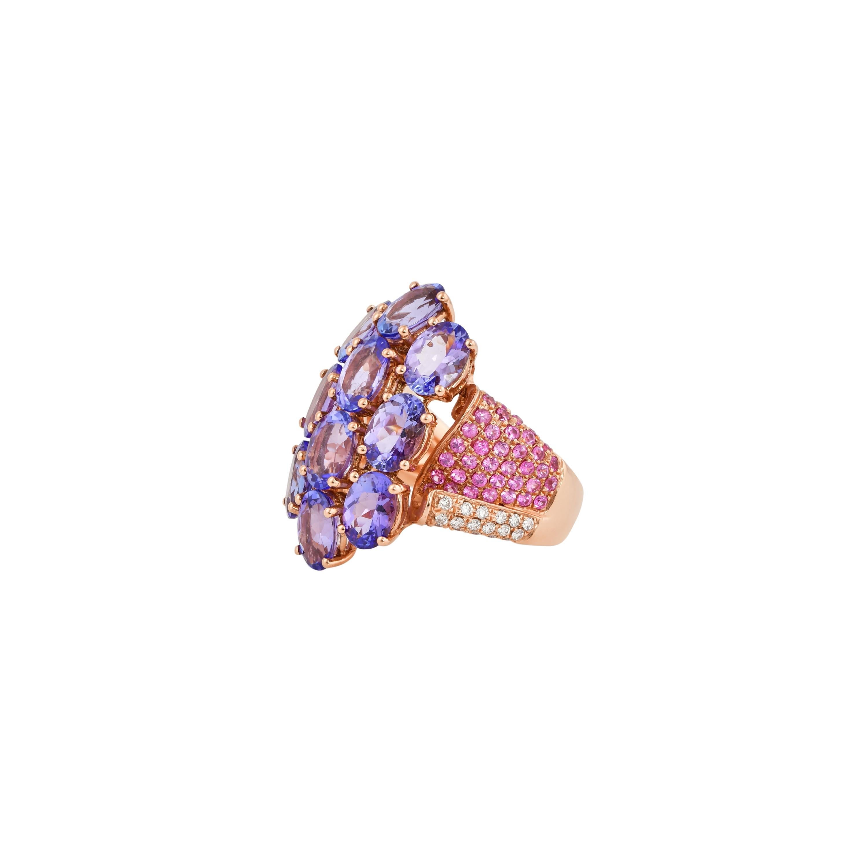 6,2 Karat Tansanit, rosa Saphir und Diamant-Ring aus 14 Karat Roségold im Zustand „Neu“ im Angebot in Hong Kong, HK