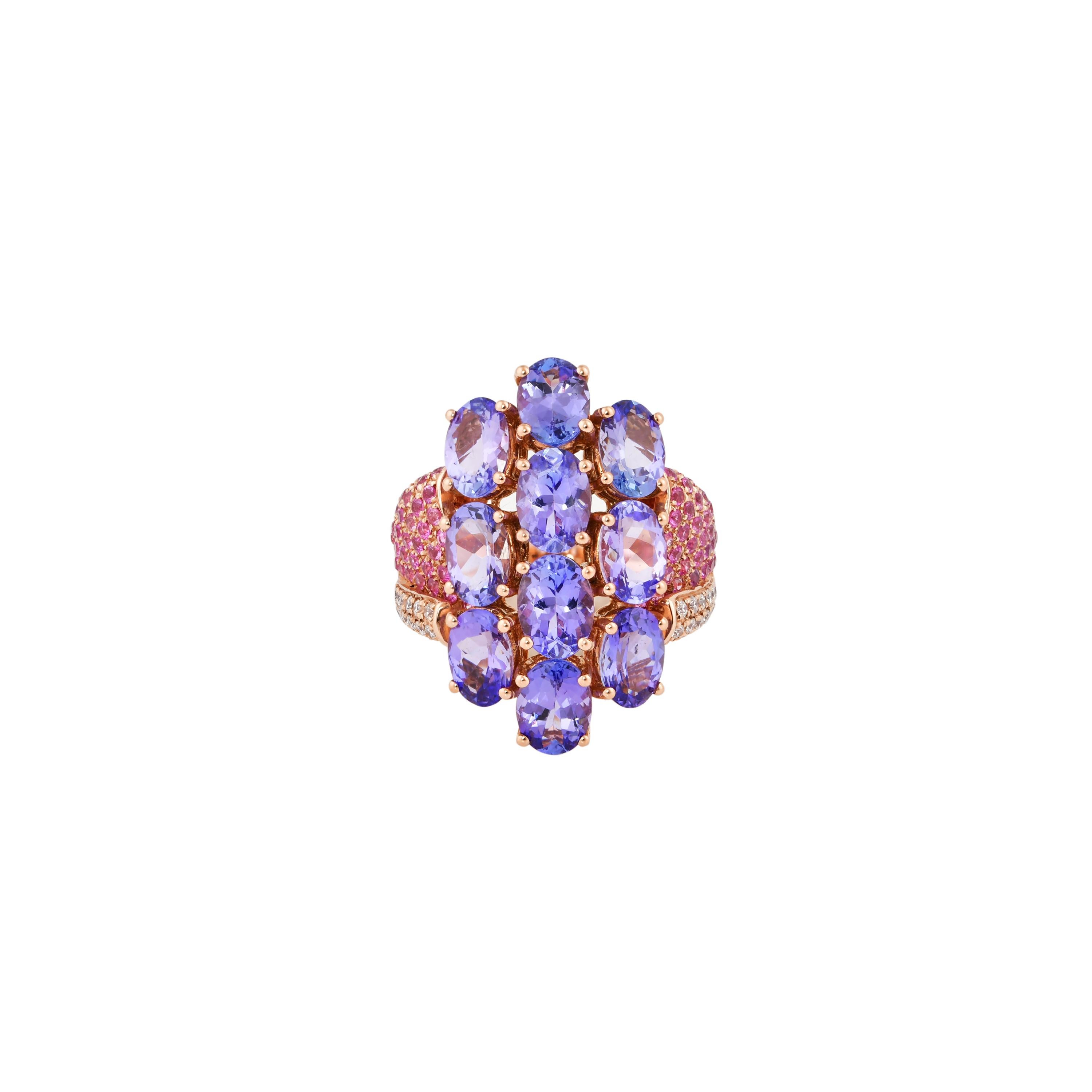 Women's 6.2 Carat Tanzanite, Pink Sapphire and Diamond Ring in 14 Karat Rose Gold For Sale
