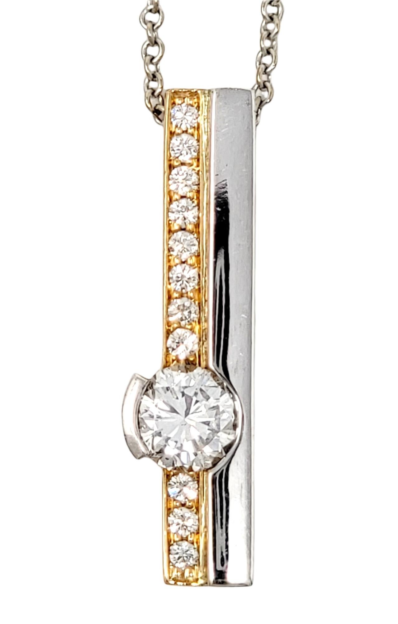 Contemporary .62 Carat Total Round E-F / VS2 Diamond Two-Tone Vertical Bar Pendant Necklace For Sale