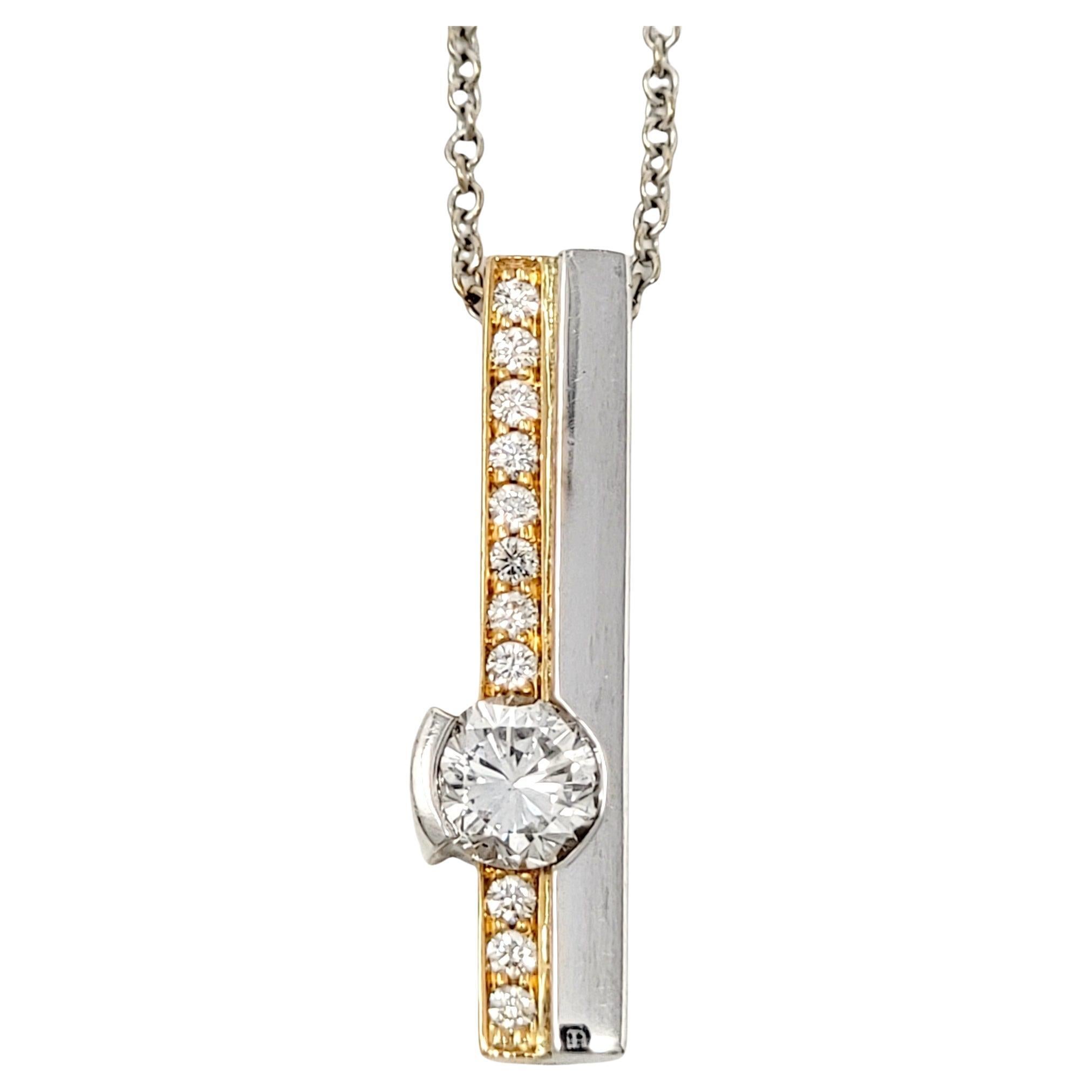 .62 Carat Total Round E-F / VS2 Diamond Two-Tone Vertical Bar Pendant Necklace For Sale