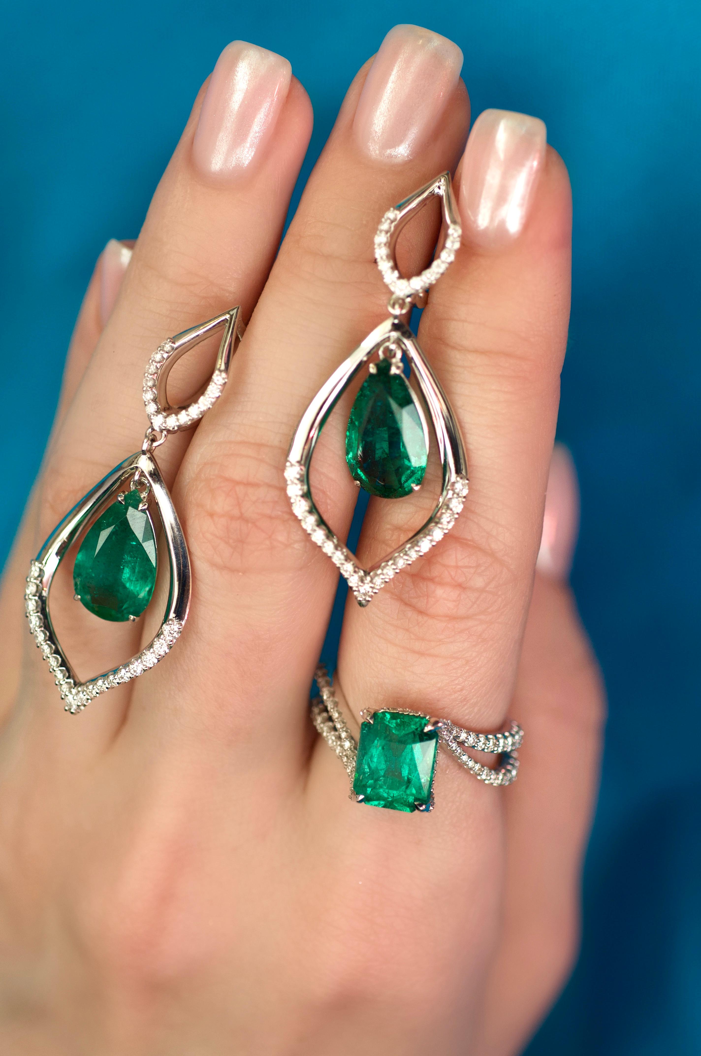 Modern 6.2 Carat Zambian Emerald Diamond 18 Karat White Gold Earrings