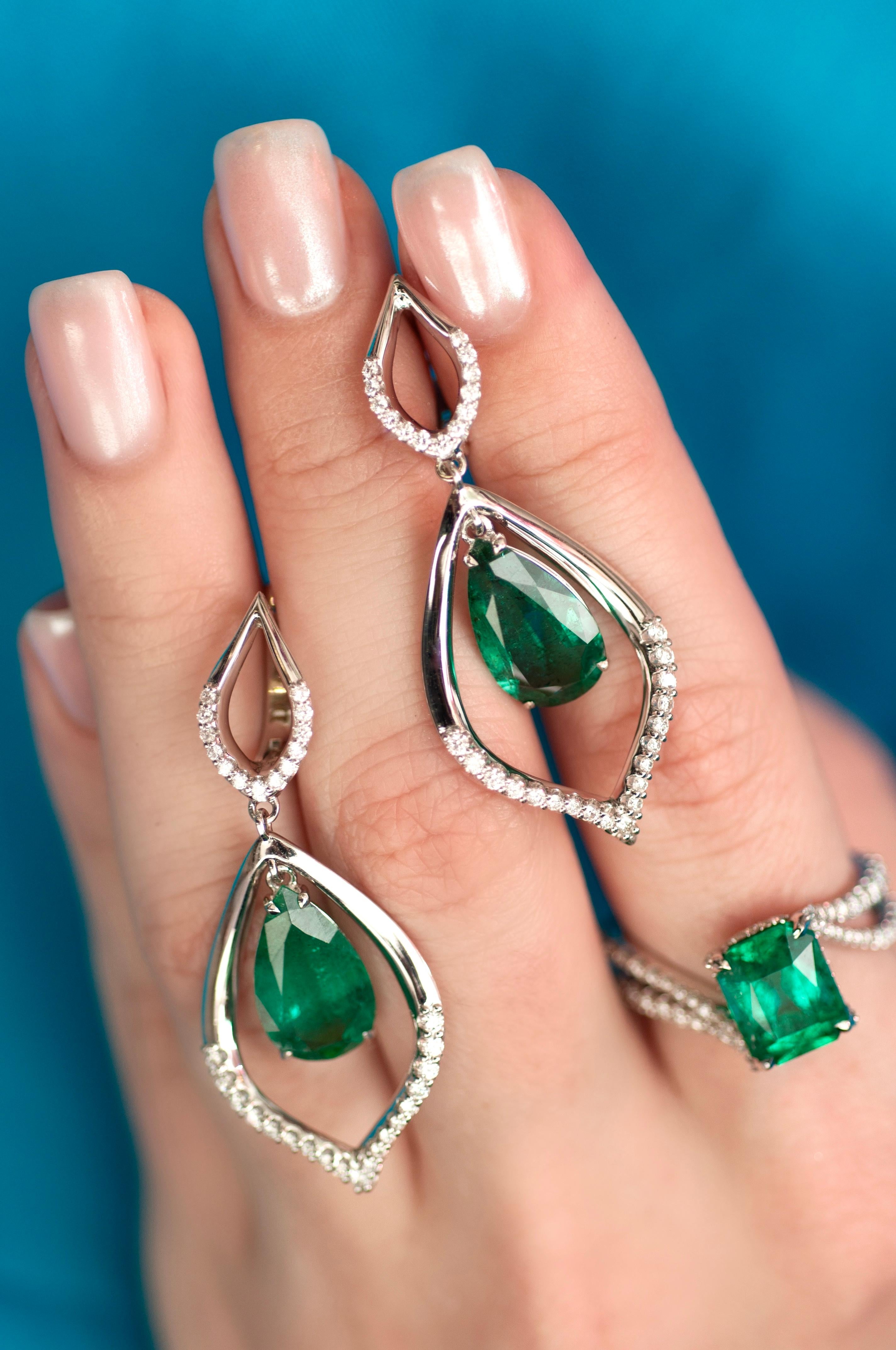 Pear Cut 6.2 Carat Zambian Emerald Diamond 18 Karat White Gold Earrings