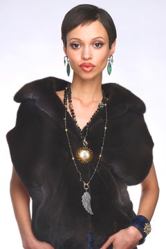 62" "Carmen" Black Agate Diamond Gold Opal Rosary 3 Charm Ebony LOVE & AngelWing