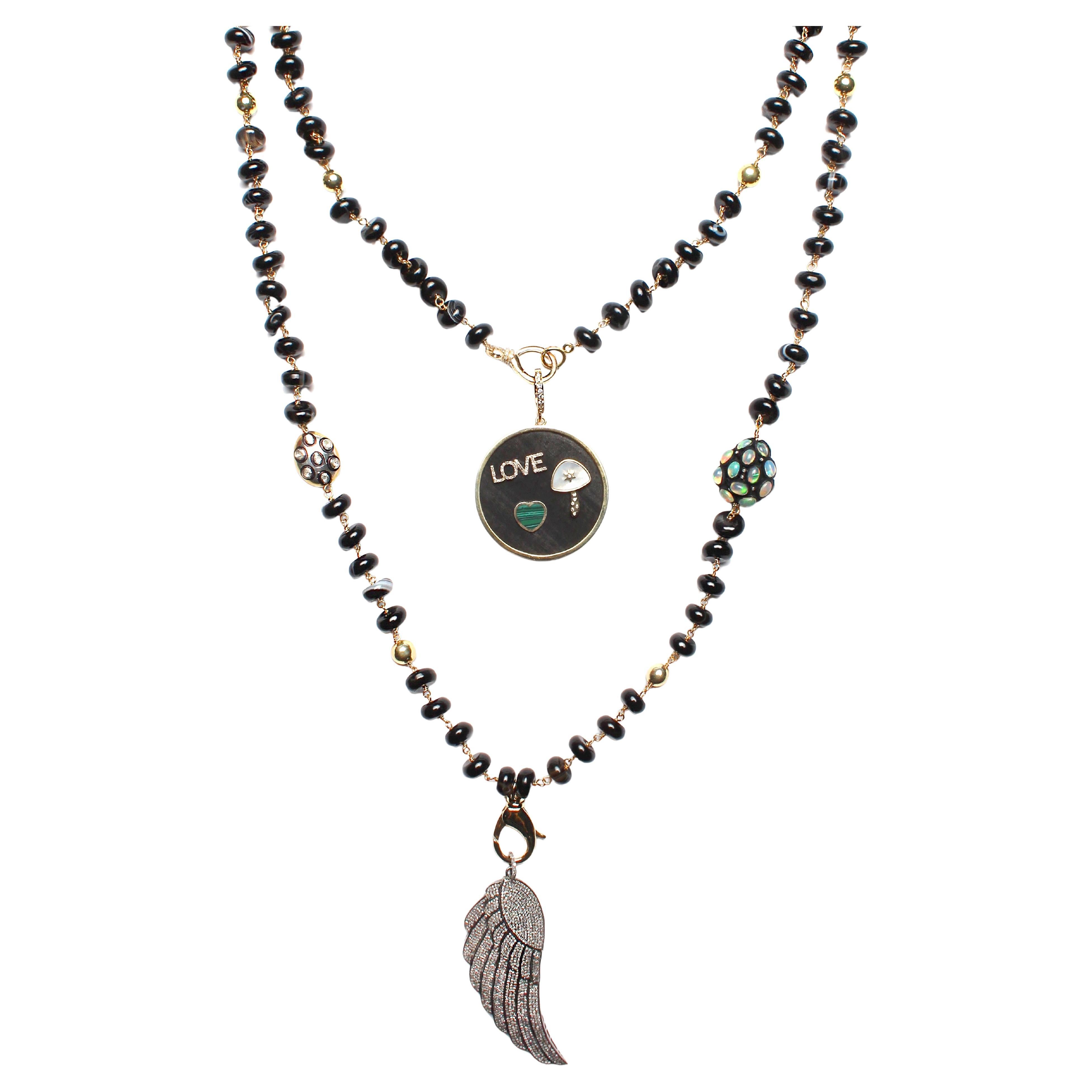 62" "Carmen" Black Agate Diamond Gold Opal Rosary 3 Charm Ebony LOVE & AngelWing For Sale