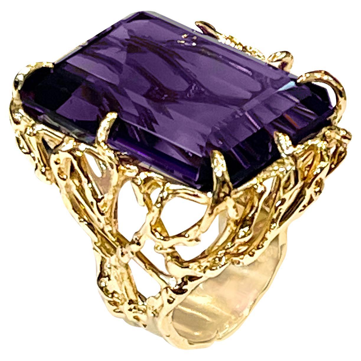62 Ct Emerald Cut Amethyst Cocktail Ring in Solid 18 Karat Yellow Gold 34 Grams