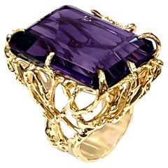 62 Ct Emerald Cut Amethyst Cocktail Ring in Solid 18 Karat Yellow Gold 34 Grams