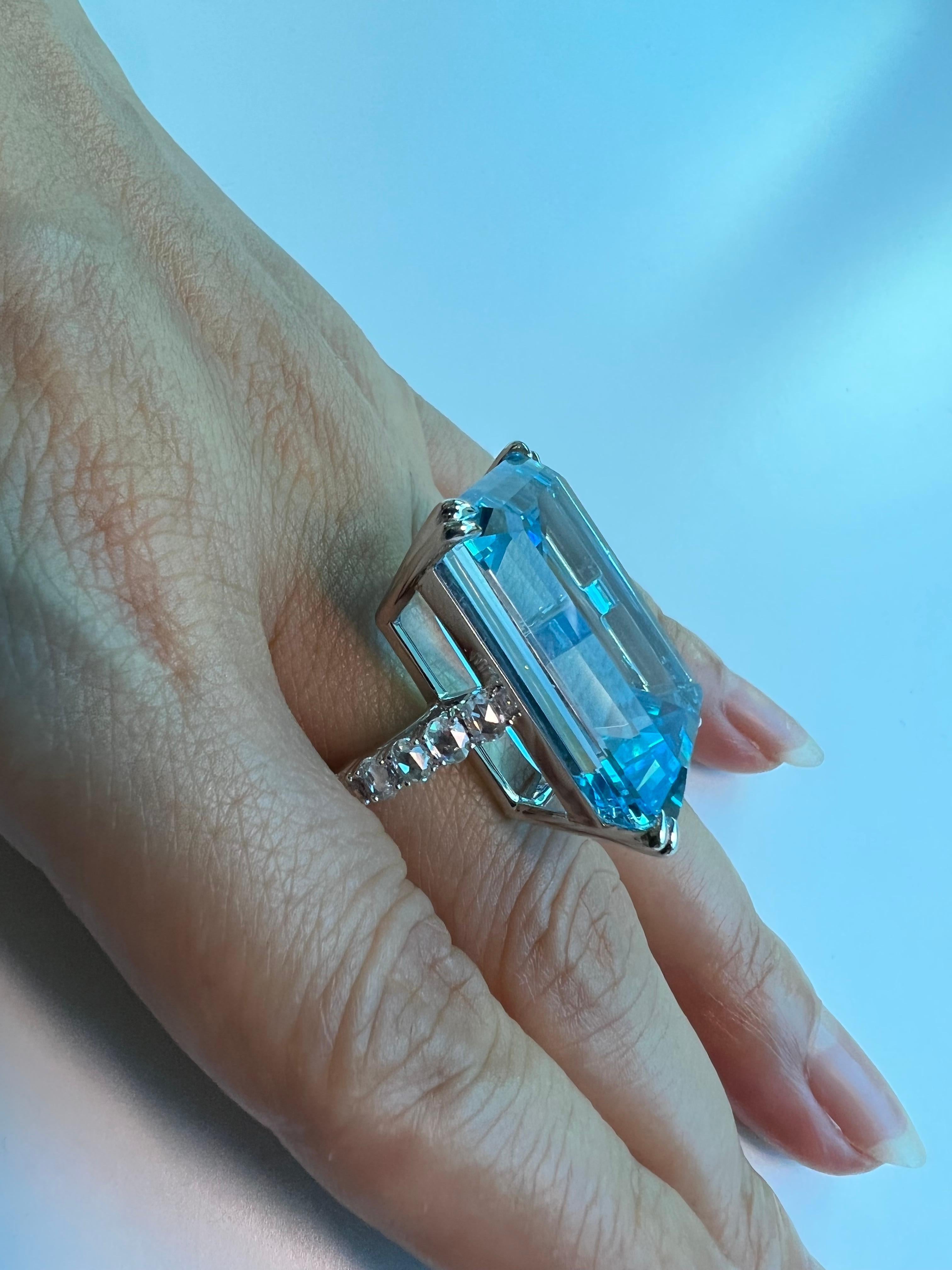 62 Cts Step Cut Blue Topaz & Rose Cut Diamond Cocktail Ring, Substantial For Sale 7