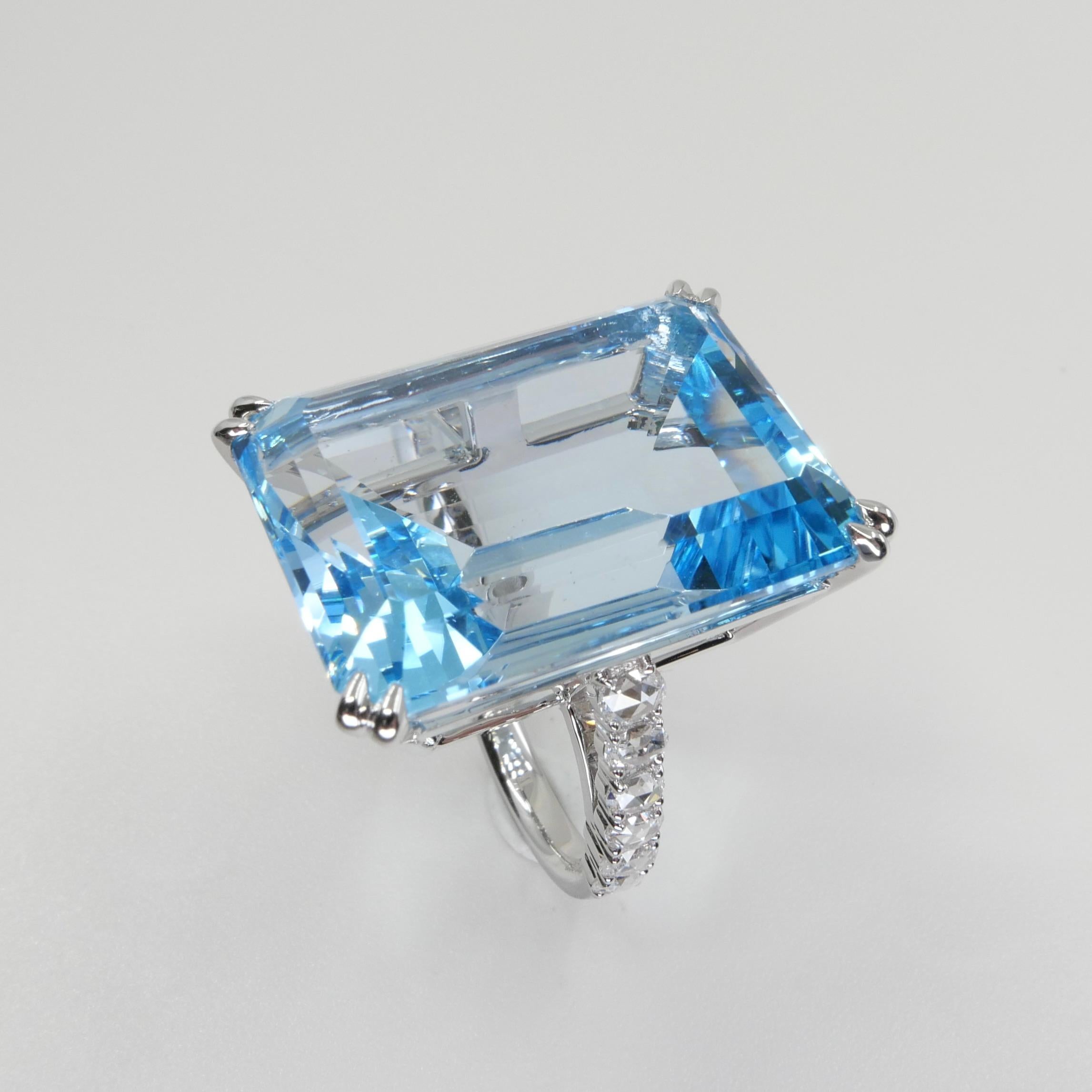 62 Cts Step Cut Blue Topaz & Rose Cut Diamond Cocktail Ring, Substantial For Sale 8