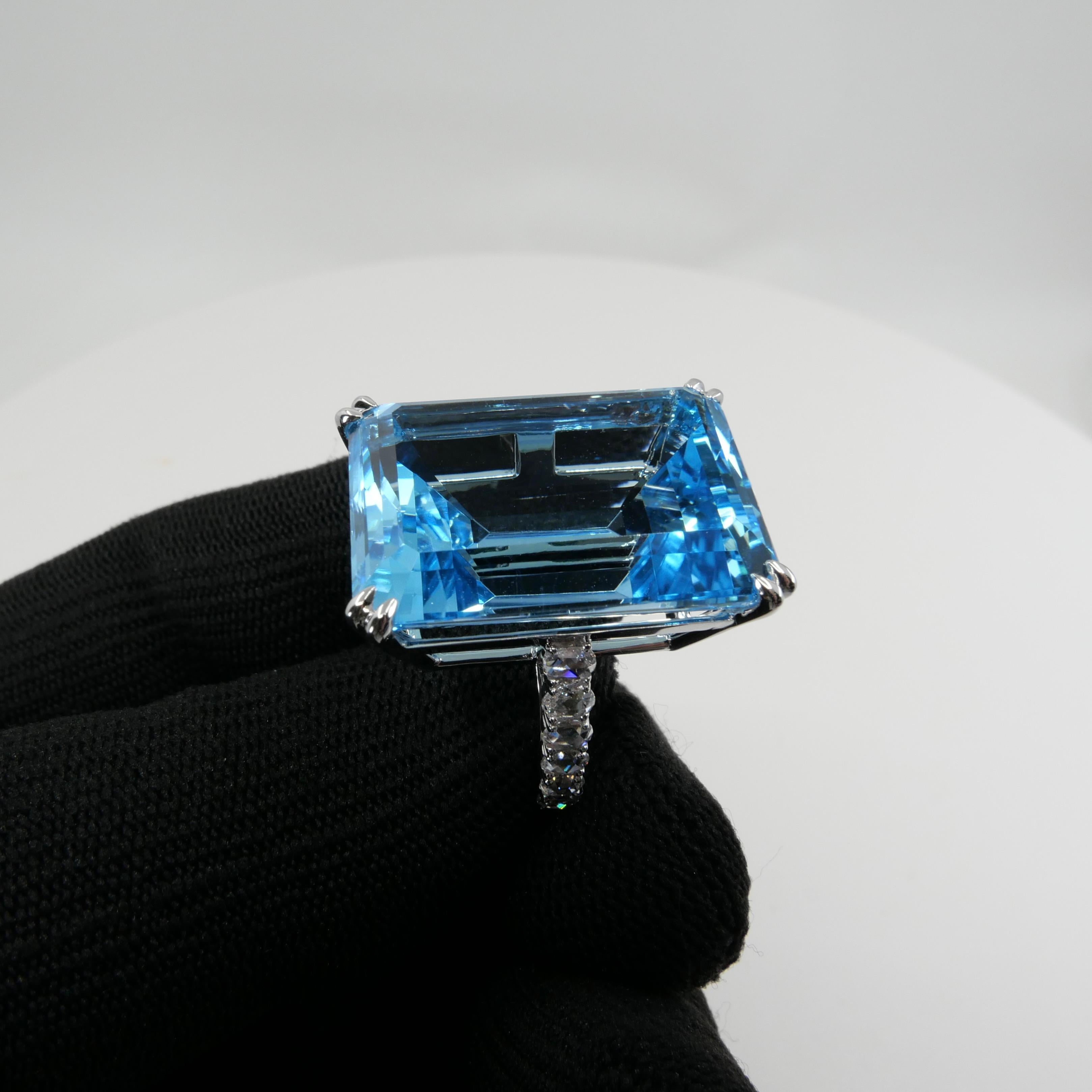 Contemporary 62 Cts Step Cut Blue Topaz & Rose Cut Diamond Cocktail Ring, Substantial For Sale