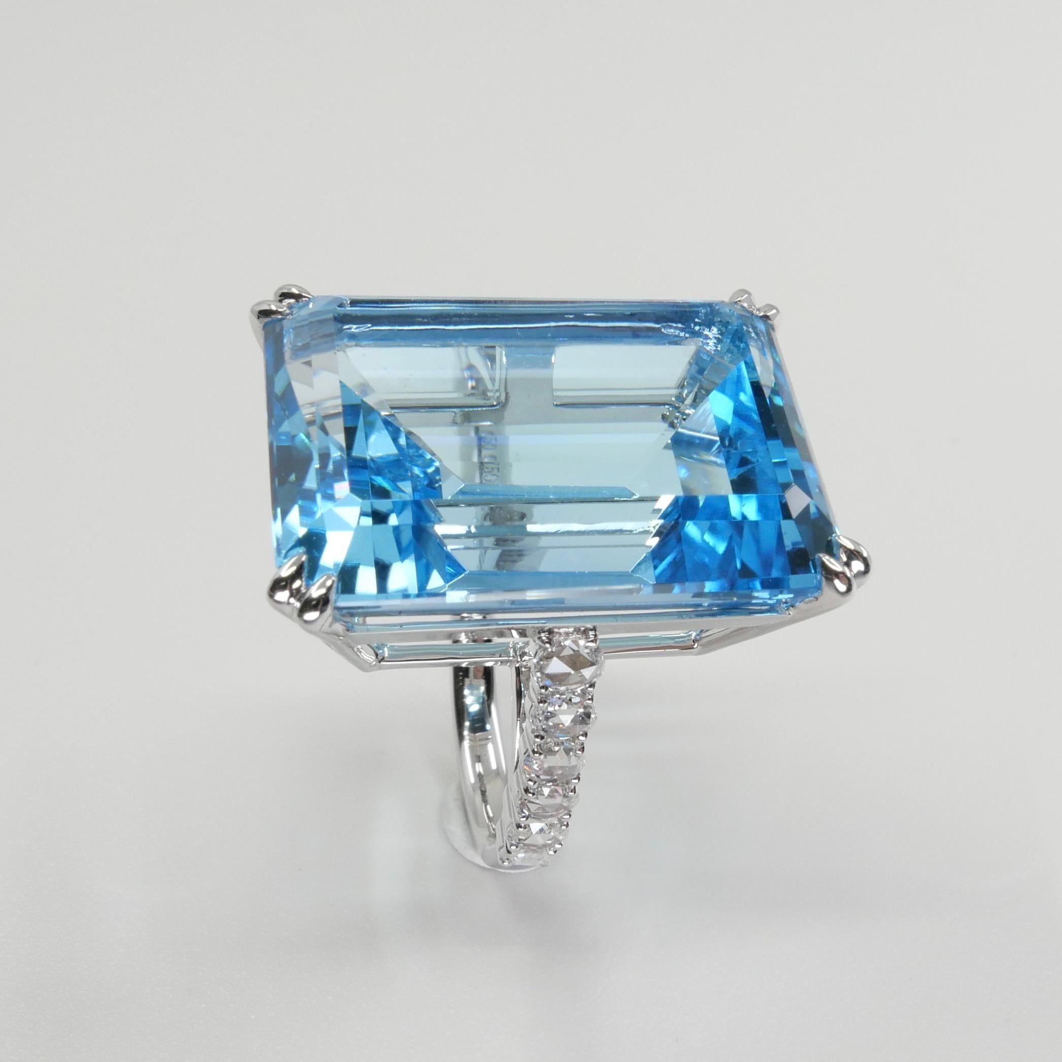 Emerald Cut 62 Cts Step Cut Blue Topaz & Rose Cut Diamond Cocktail Ring, Substantial For Sale