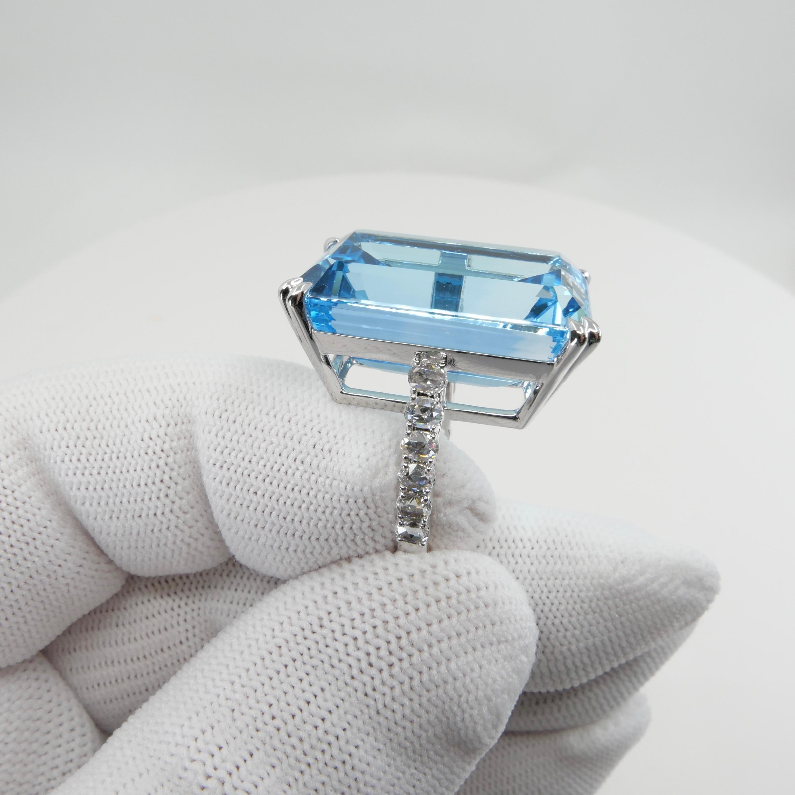 62 Cts Step Cut Blue Topaz & Rose Cut Diamond Cocktail Ring, Substantial In New Condition For Sale In Hong Kong, HK