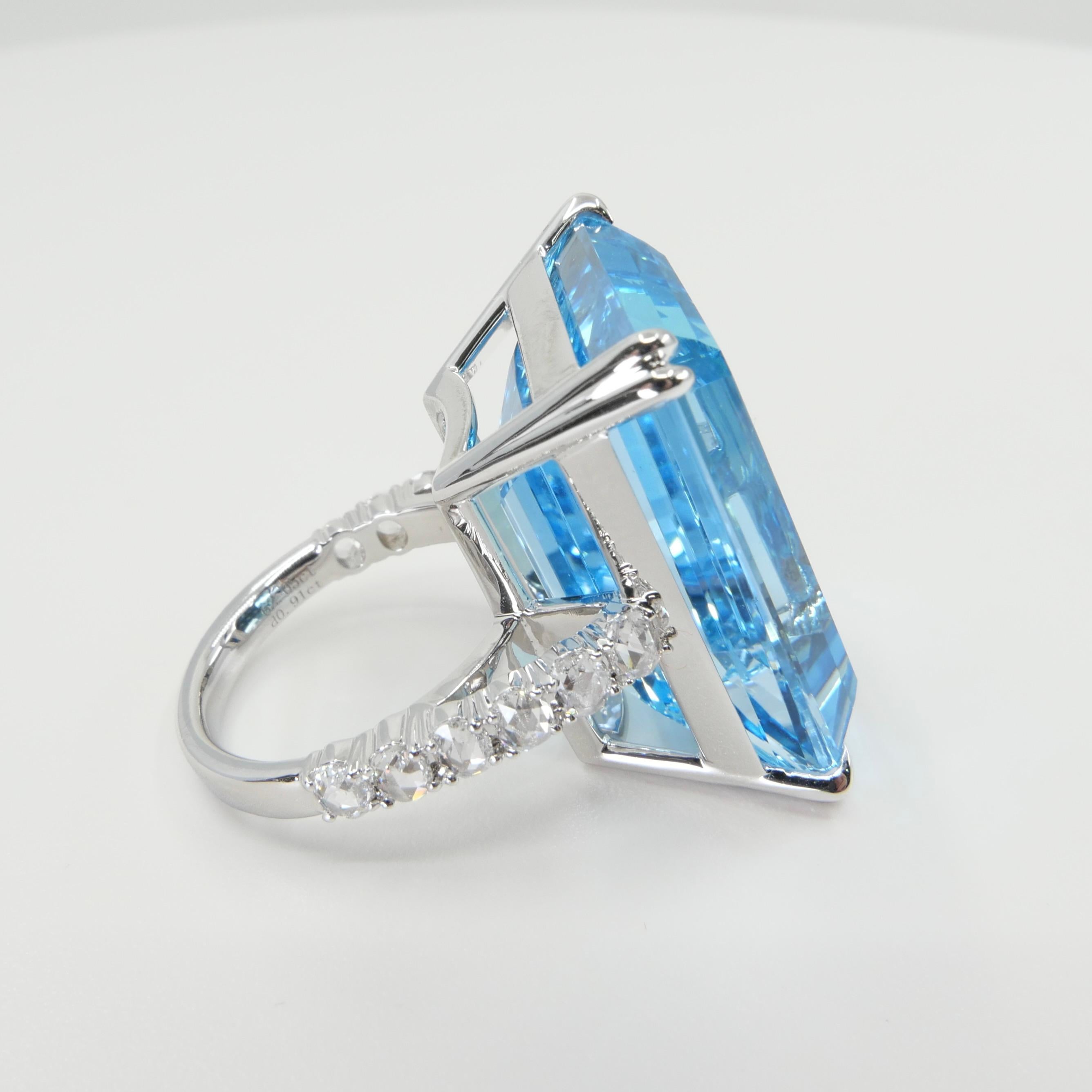 62 Cts Step Cut Blue Topaz & Rose Cut Diamond Cocktail Ring, Substantial For Sale 2